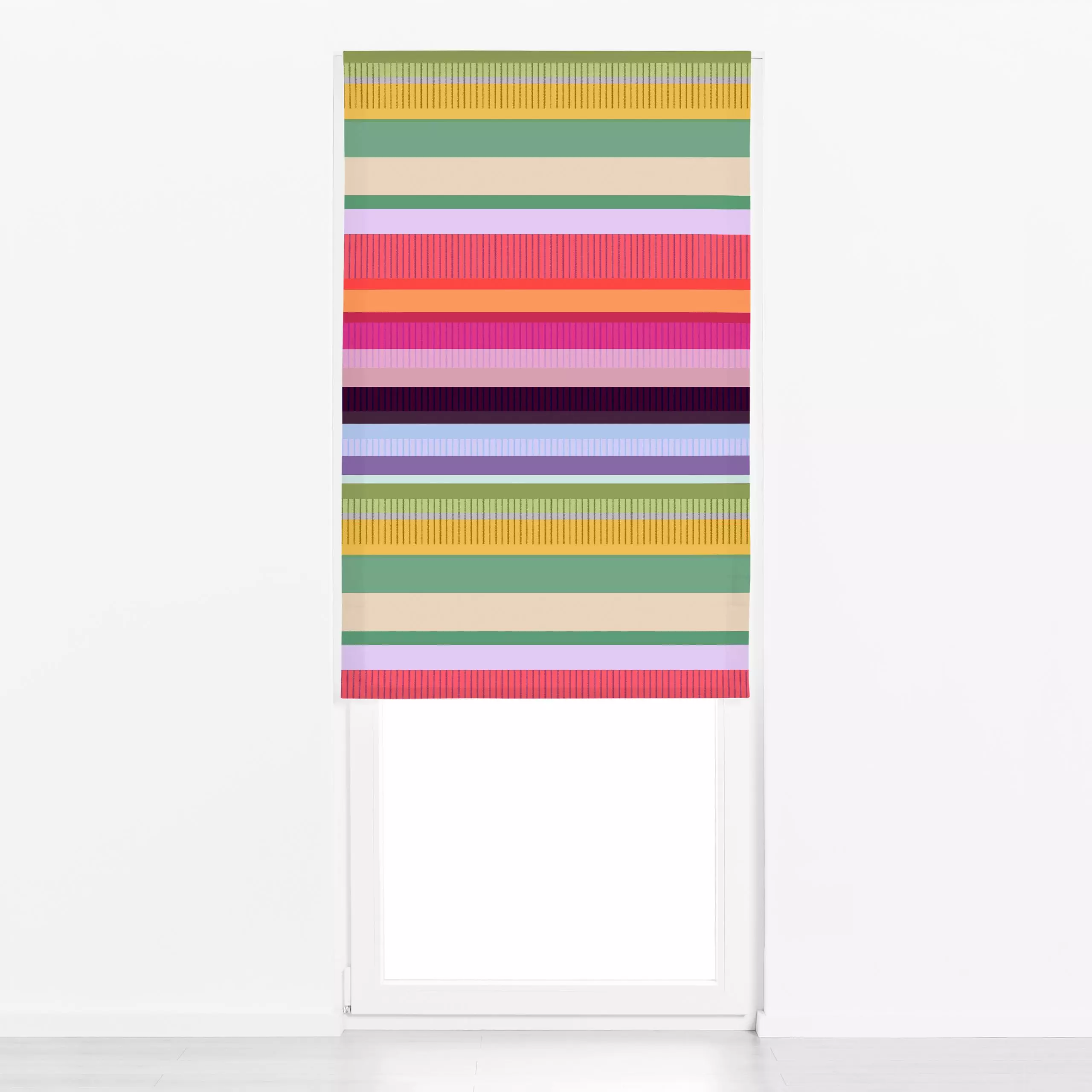 Raffrollo Mittsommer Streifen - Sommer, Symbole & Muster - von „Alisa Knöß"; Blaugrau, Streifen, Regenbogen, beige, pink, bu...