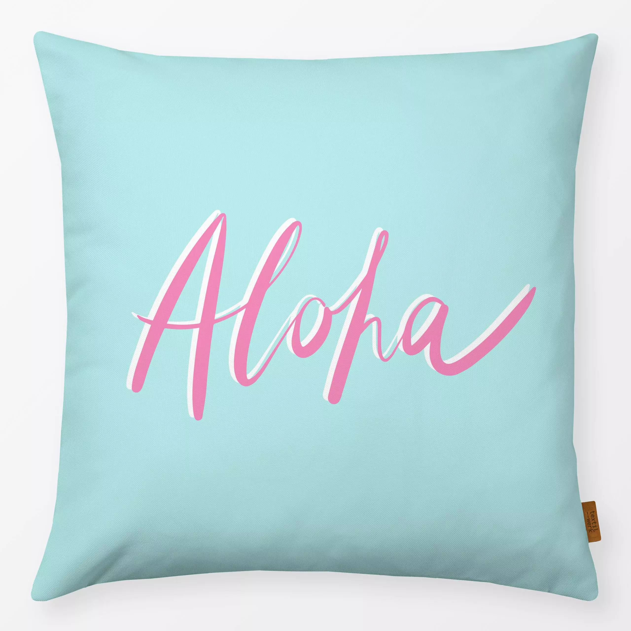 Kissen Aloha - Sommer, Sprüche & Schriftzüge - von „Julia Schumacher"; rosa, tropical, Weiss, Beach, dream, Handlettering, j...