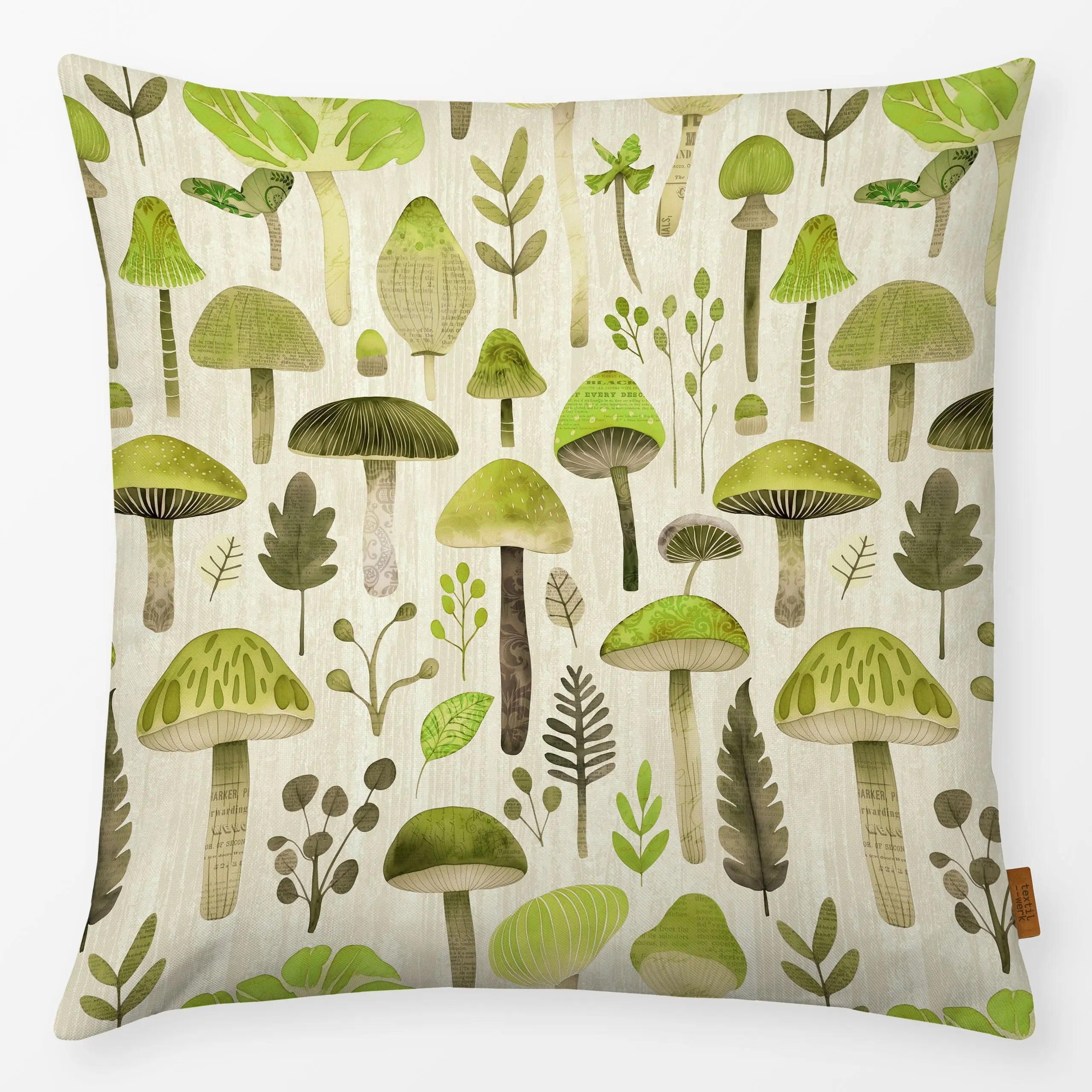 Kissen Mushroom Woodland Green - Herbst, Pflanzen & Botanik - von „Andrea Haase"; Aquarell, Blätter, Laub, Wald, Cozy, Herbs...