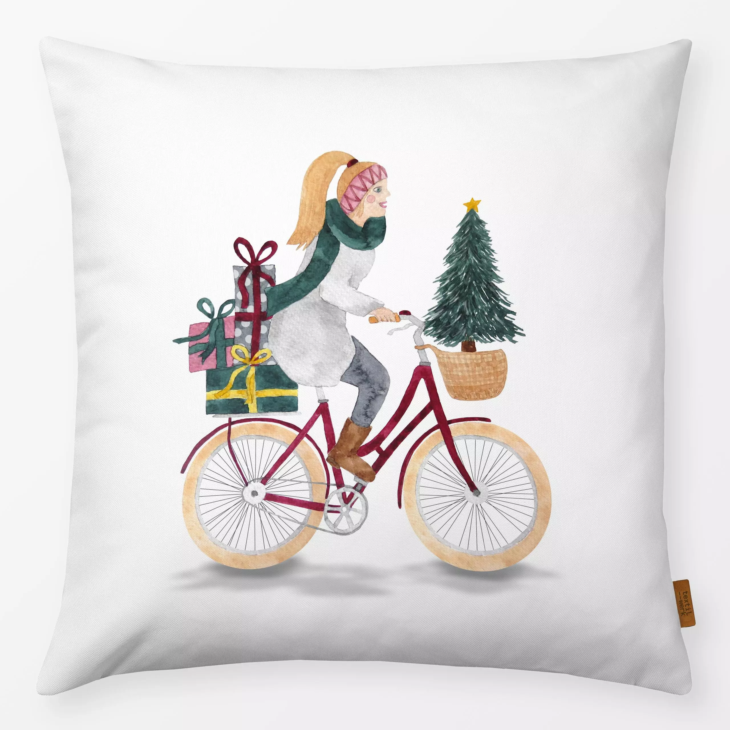 Kissen Cycling Christmas Lady - Weihnachten, Winter, Anlässe - von „Karen Menzenbach"; Tannenbaum, Weihnachtsbaum, Fahrrad, ...