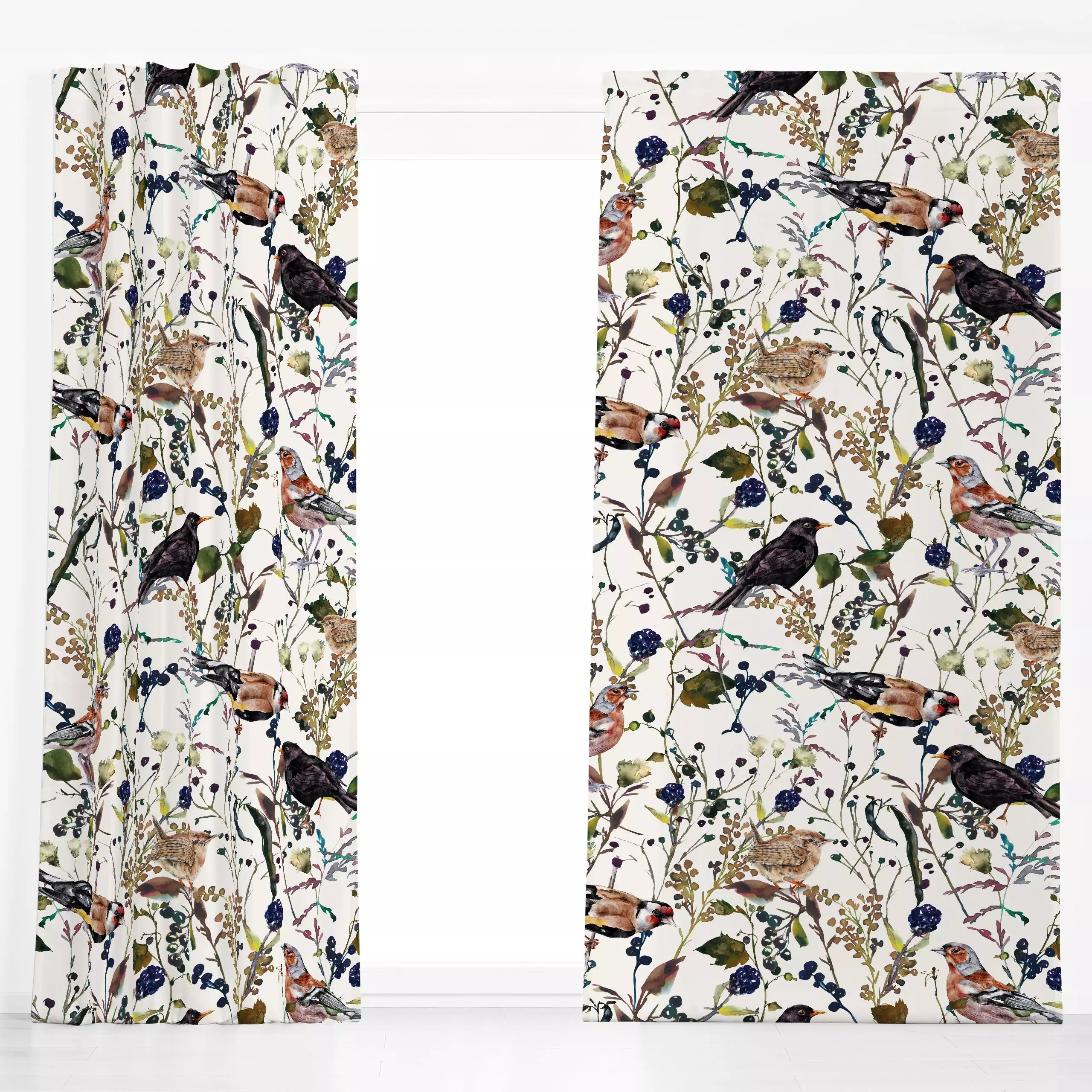 Dekovorhang Herbst Wiese und Vögel - Blumen & Florales, Tiere - von „Uta Naumann"; boho, Natur, Beeren, Vogel, Wiese, Bohemi...