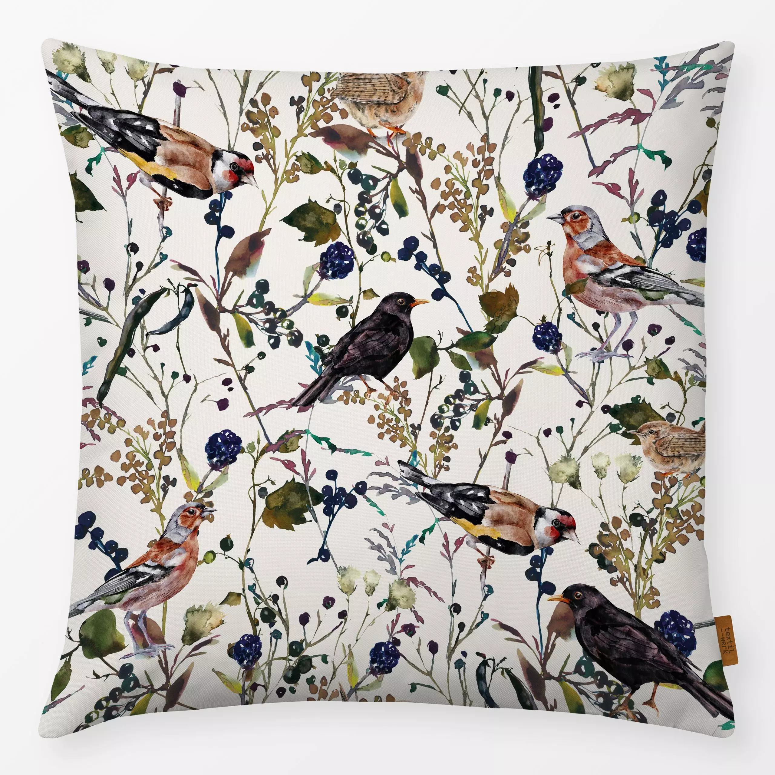Kissen Herbst Wiese und Vögel - Blumen & Florales, Tiere - von „Uta Naumann"; boho, Natur, Beeren, Vogel, Wiese, Bohemian, h...