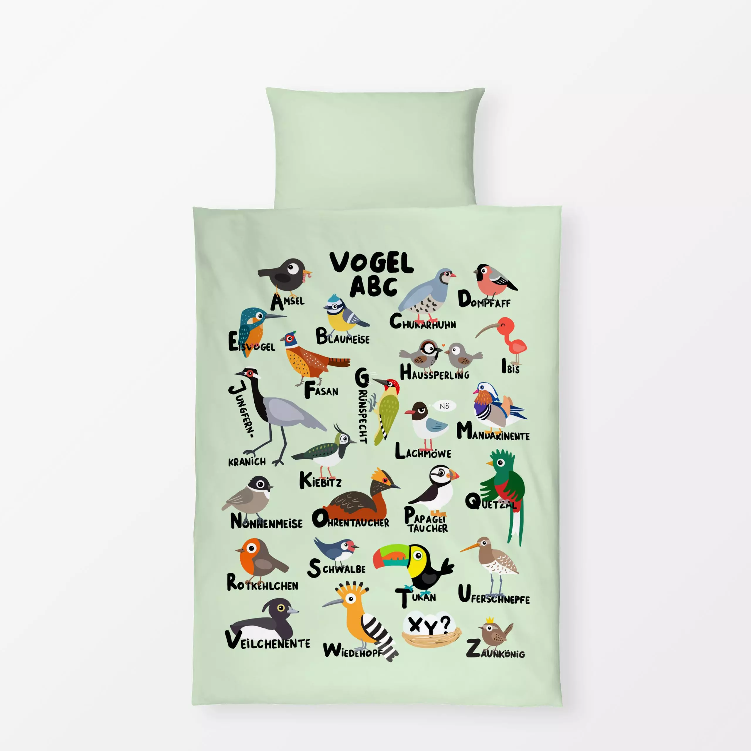 Bettwäsche Vogel ABC - Kinderzimmer & Motive für Kinder, Tiere - von „Julia Reyelt"; Vogel, Rotkehlchen, Eisvogel, kranich, ...