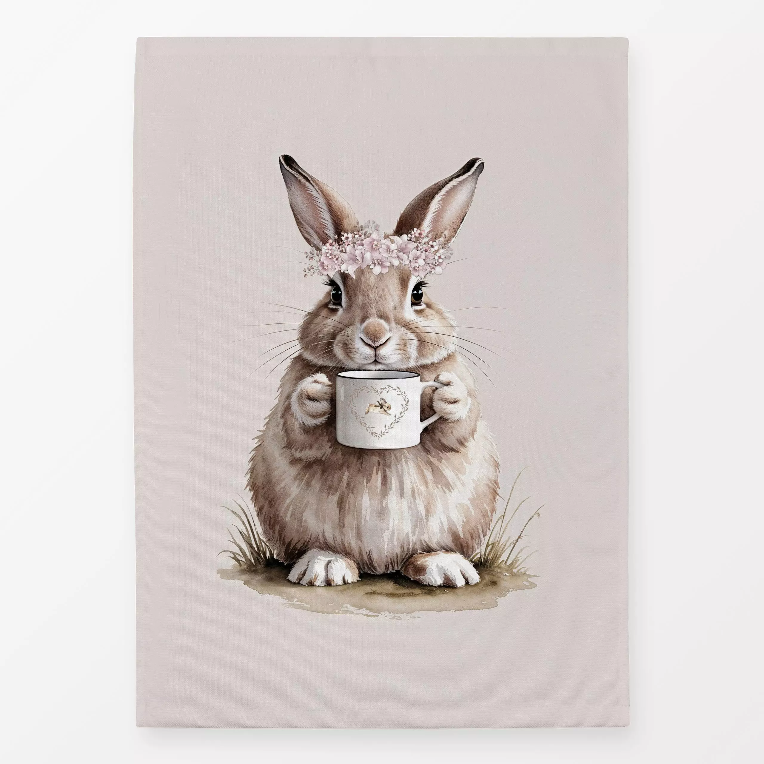 Geschirrtücher Osterhase Blumen Tasse Beige - Frühling, Tiere, Ostern - von „Monika Strigel"; Hase, niedlich, Ostern, Osterh...