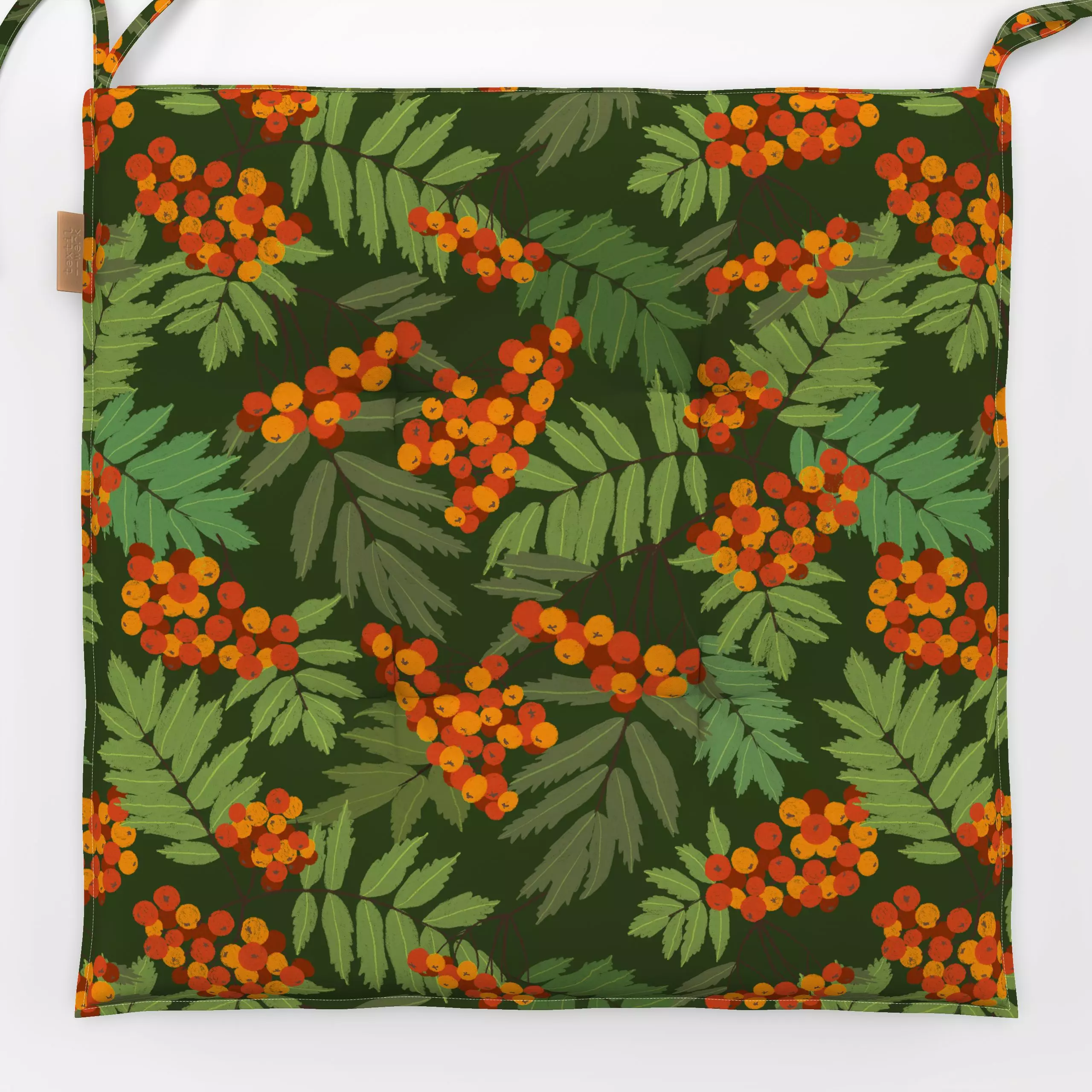 Sitzkissen Vogelbeere dunkelgrün orange - Blumen & Florales, Herbst - von „Mareen Heinz"; Muster, Natur, Illustration, Blätt...