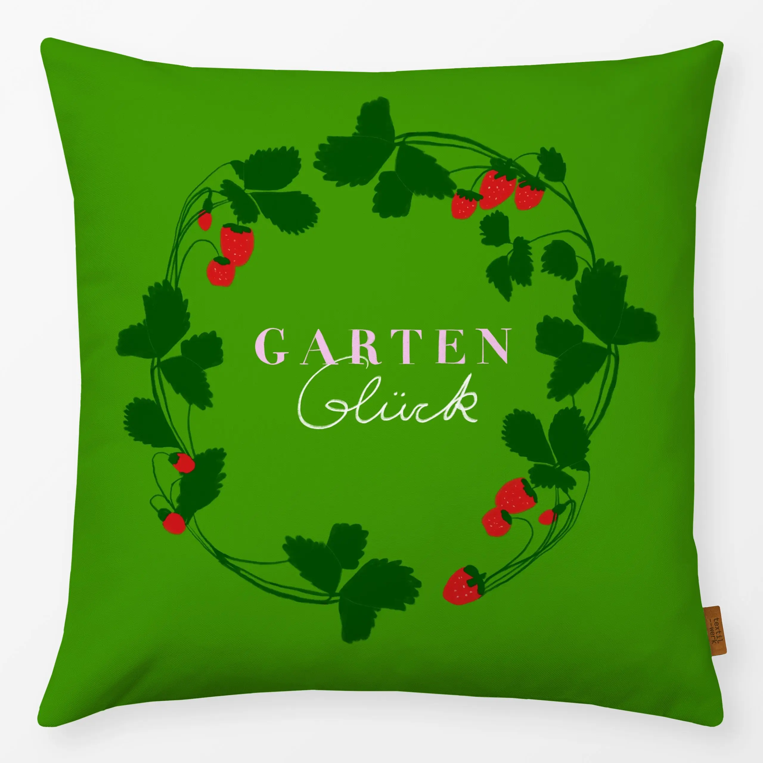 Kissen Erdbeerkranz Gartenglück Grün - Frühling, Sprüche & Schriftzüge, Pflanzen & Botanik - von „Sophie Augustin Illustrati...