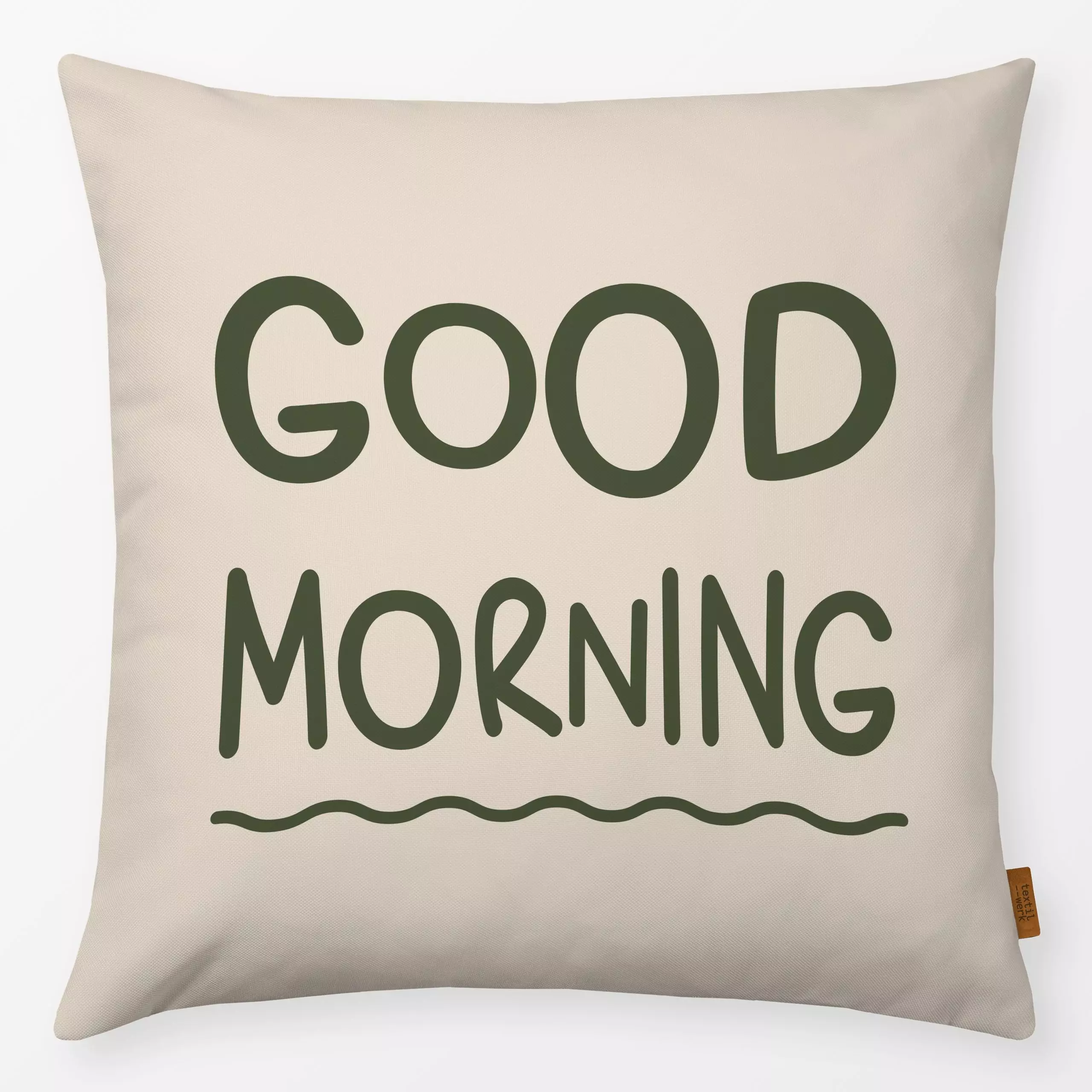 Kissen Good Morning beige - Herbst, Sprüche & Schriftzüge - von „Karen Menzenbach"; Cozy, beige, typografie, herbstlich, zuh...