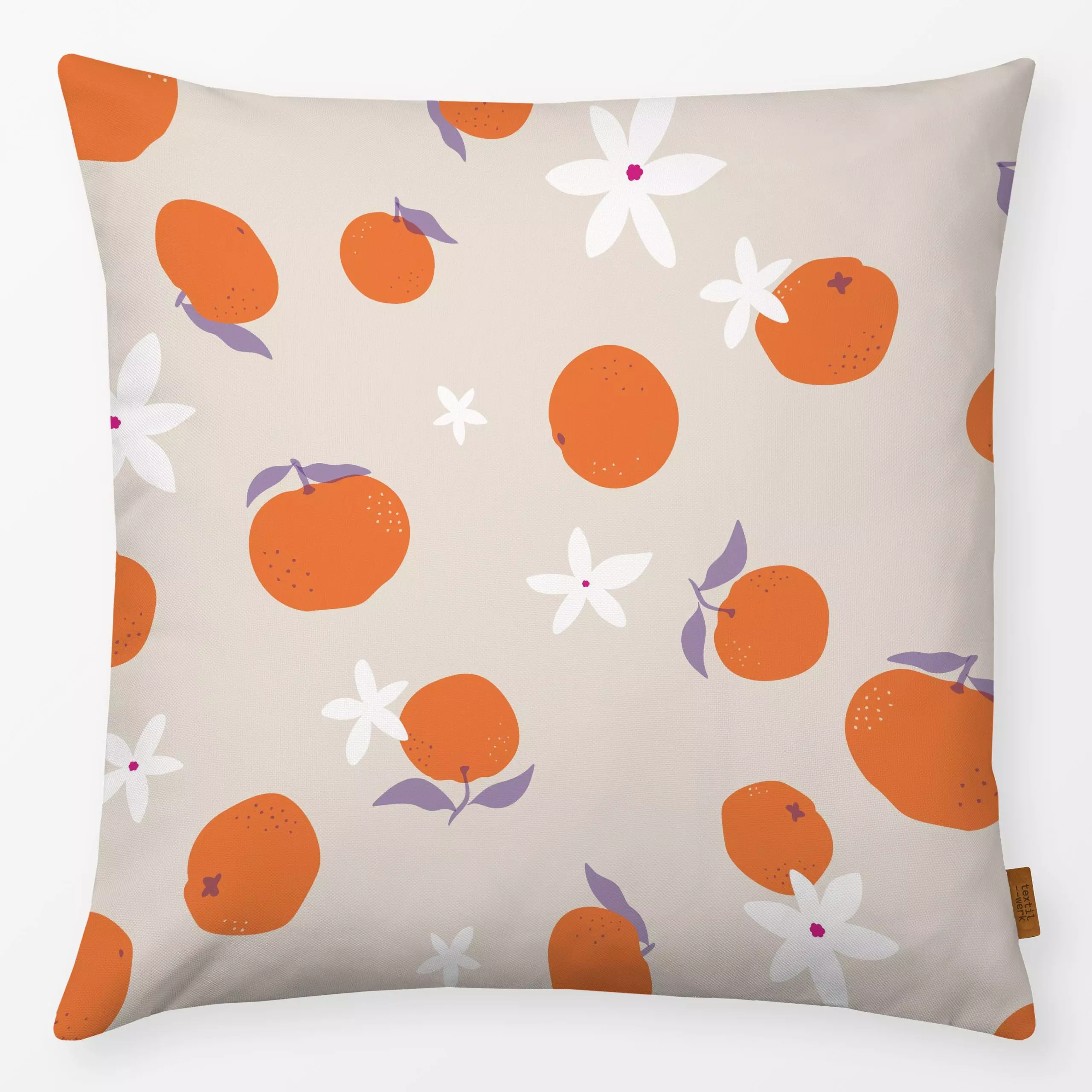 Kissen Orangen Blüten Muster beige - Sommer, Früchte - von „Carolin Vonhoff"; Frucht, Obst, Muster, Garten, Früchte, tropisc...