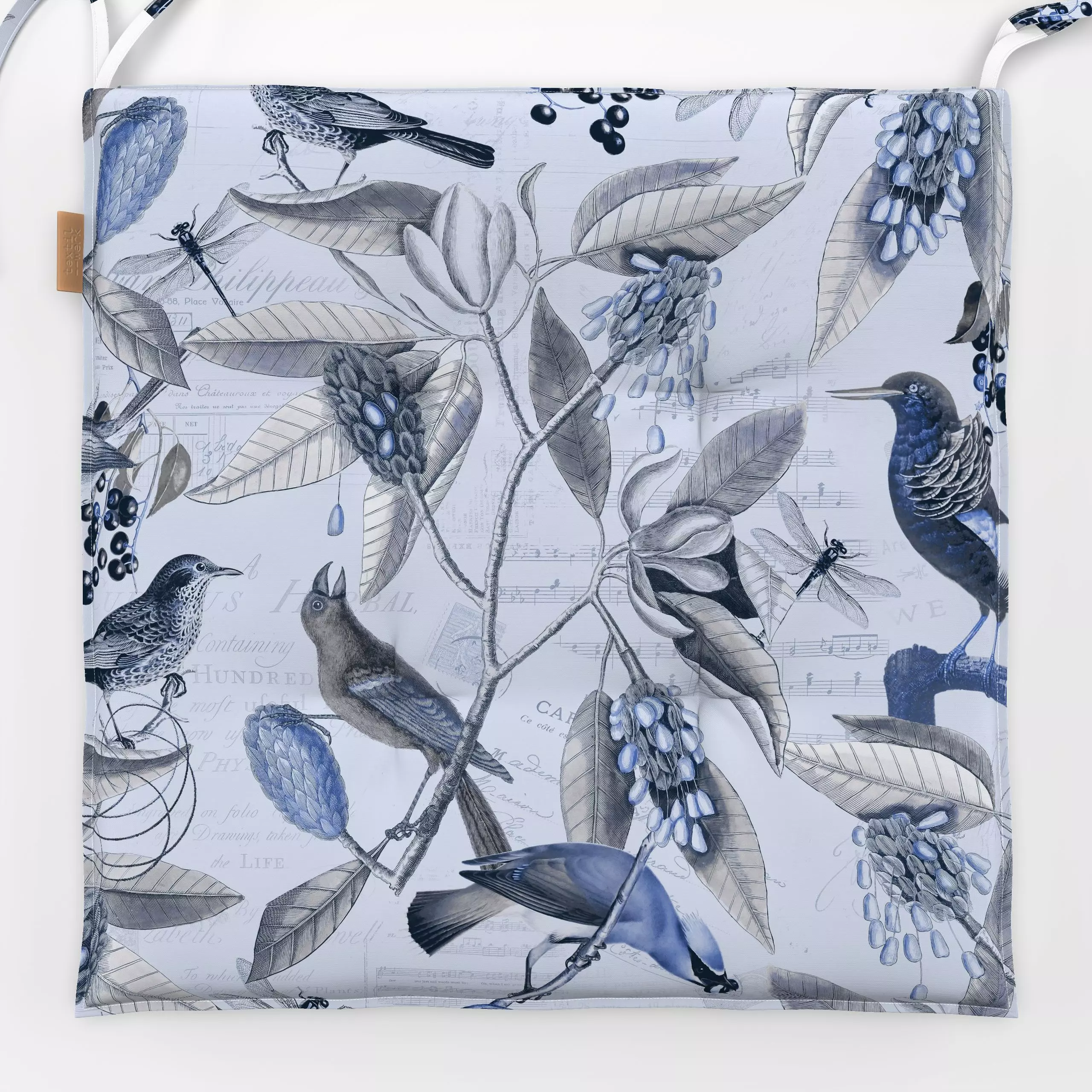 Sitzkissen Nostalgic Magnolia Birds Blue - Blumen & Florales, Tiere - von „Andrea Haase"; Natur, vintage, typografie, botani...