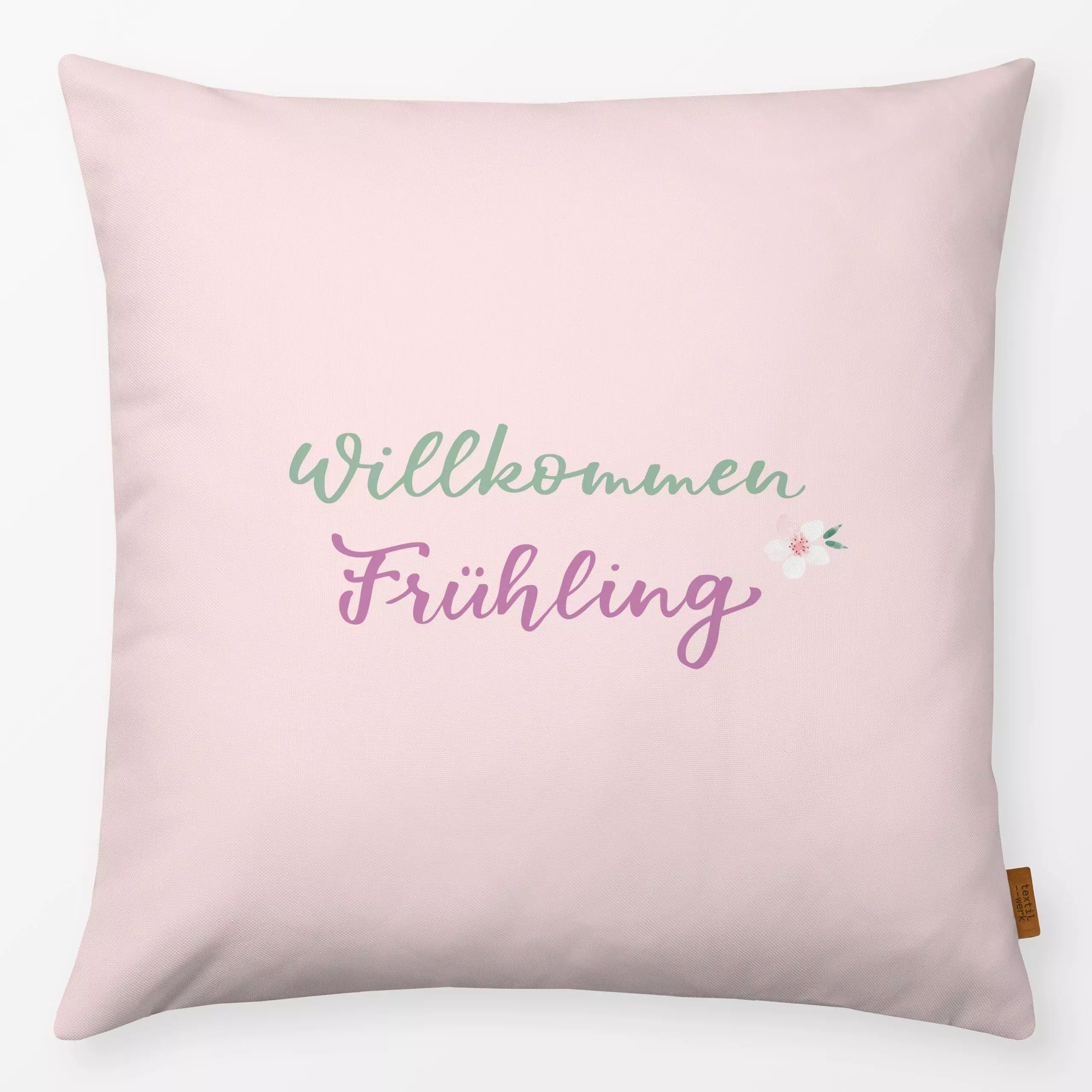 Kissen Willkommen Frühling rosa - Blumen & Florales, Frühling, Sprüche & Schriftzüge, Ostern - von „Katrin Graff"; Garten, t...