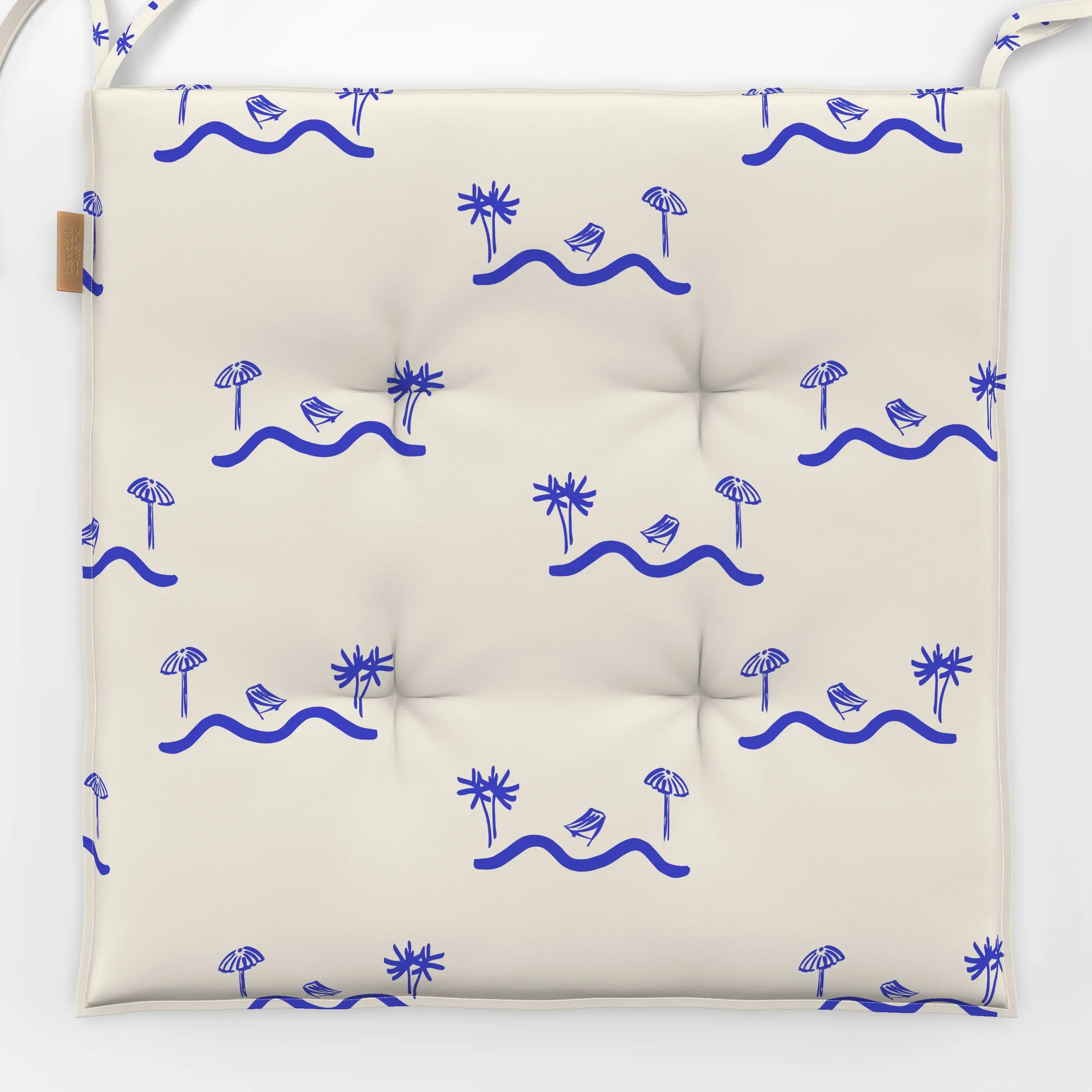 Sitzkissen Strandtag - Sommer, Symbole & Muster - von „Patries Elisabeth"; Palmen, Meer, Sonnenschirm, Meeresrauschen, blauw...