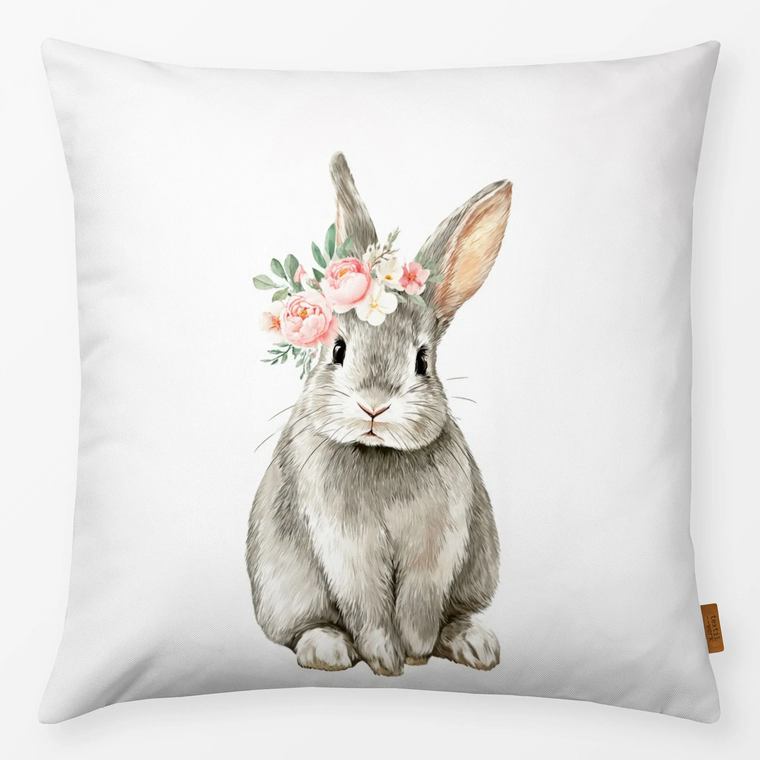 Kissen Hase mit Blumenkranz 2 - Frühling, Tiere, Ostern - von „Uta Naumann"; niedlich, Ostern, Osterhase, Fruehling, Gartend...
