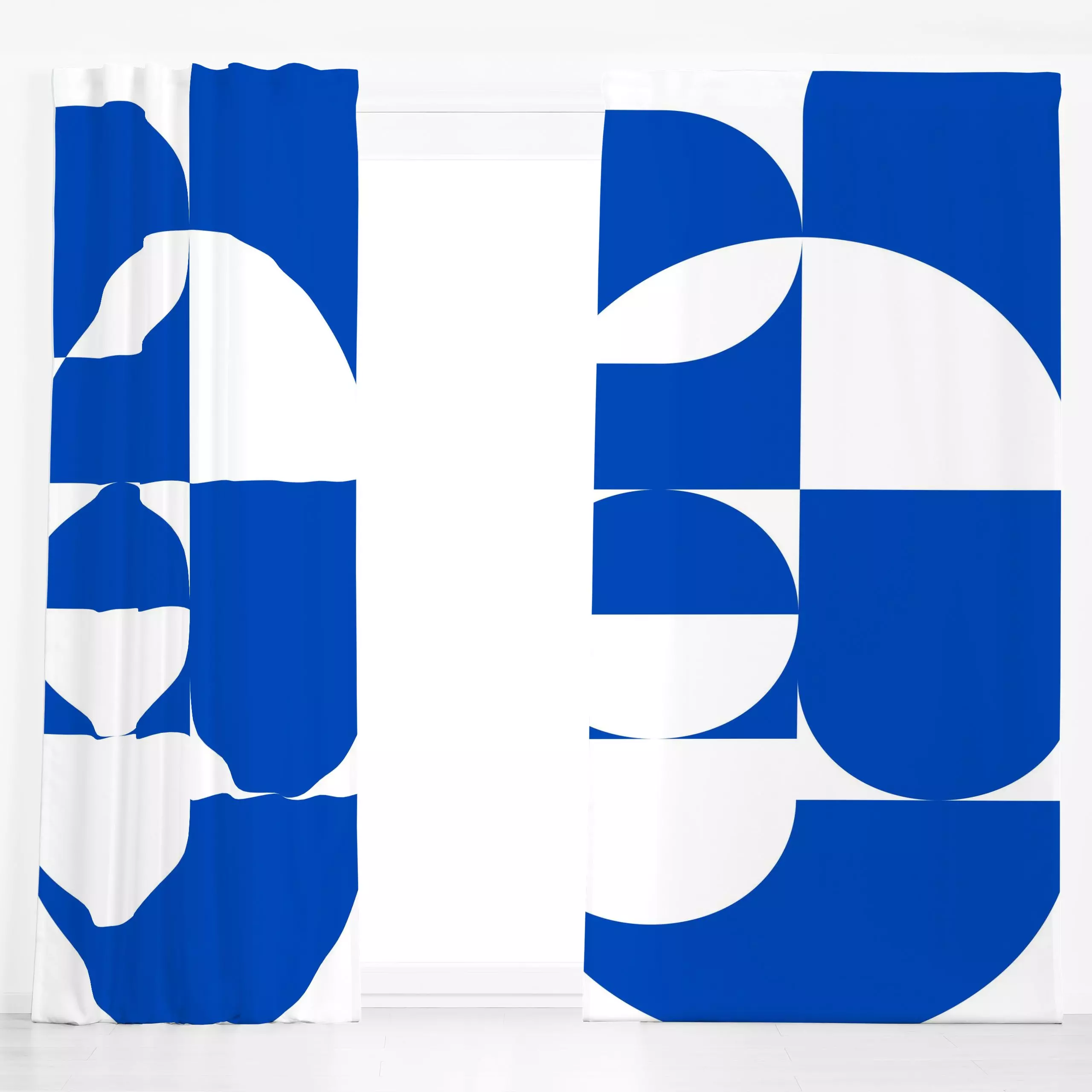 Dekovorhang Geomeform 08 - Symbole & Muster - von „BOUDOIR BOBO"; abstrakt, Geometrisch, formen, blau, Weiss, Form, abstract...