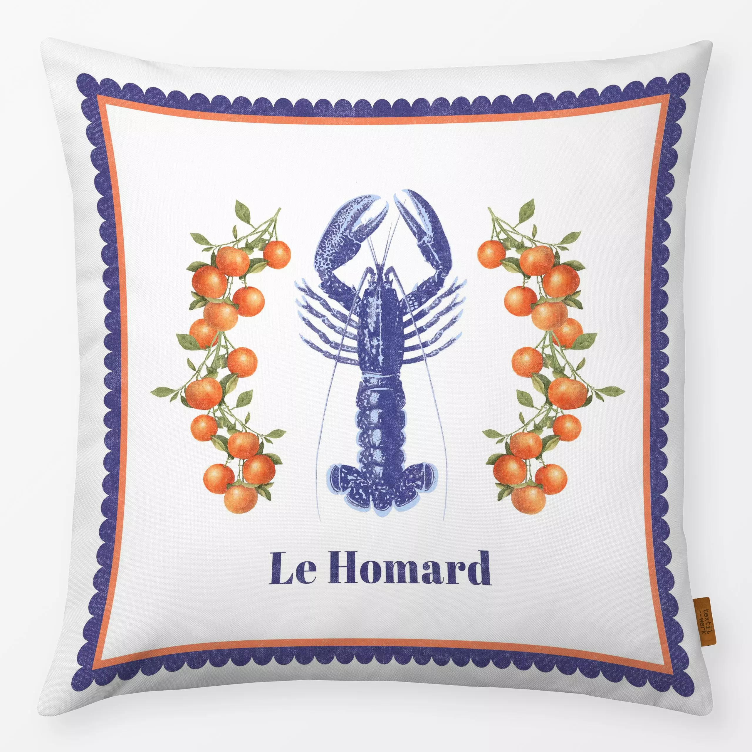 Kissen Vintage Lobster & Citrus - Sommer, Tiere, Früchte - von „Bloomery Decor"; Orange, Fische, Früchte, Hummer, coastal, c...