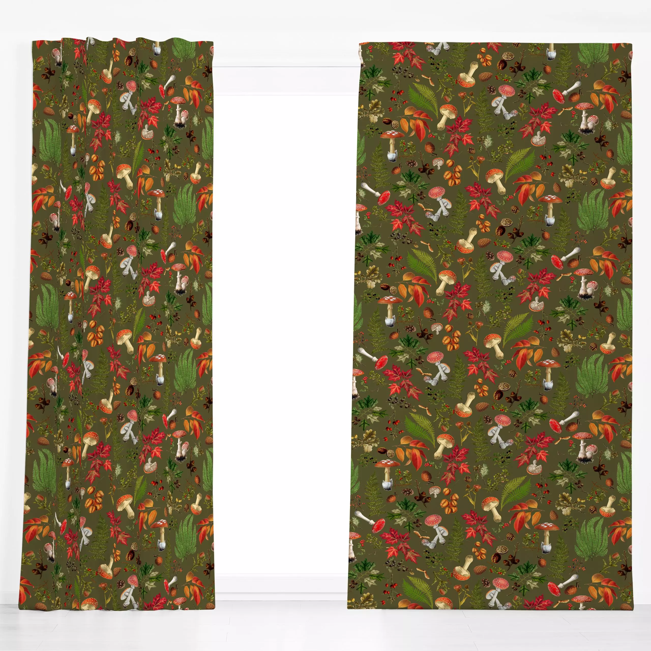 Dekovorhang Bunter Herbst Wald Grün - Blumen & Florales, Retro & Vintage - von „Uta Naumann“; Blätter, Farn, Wald, vintage, ...