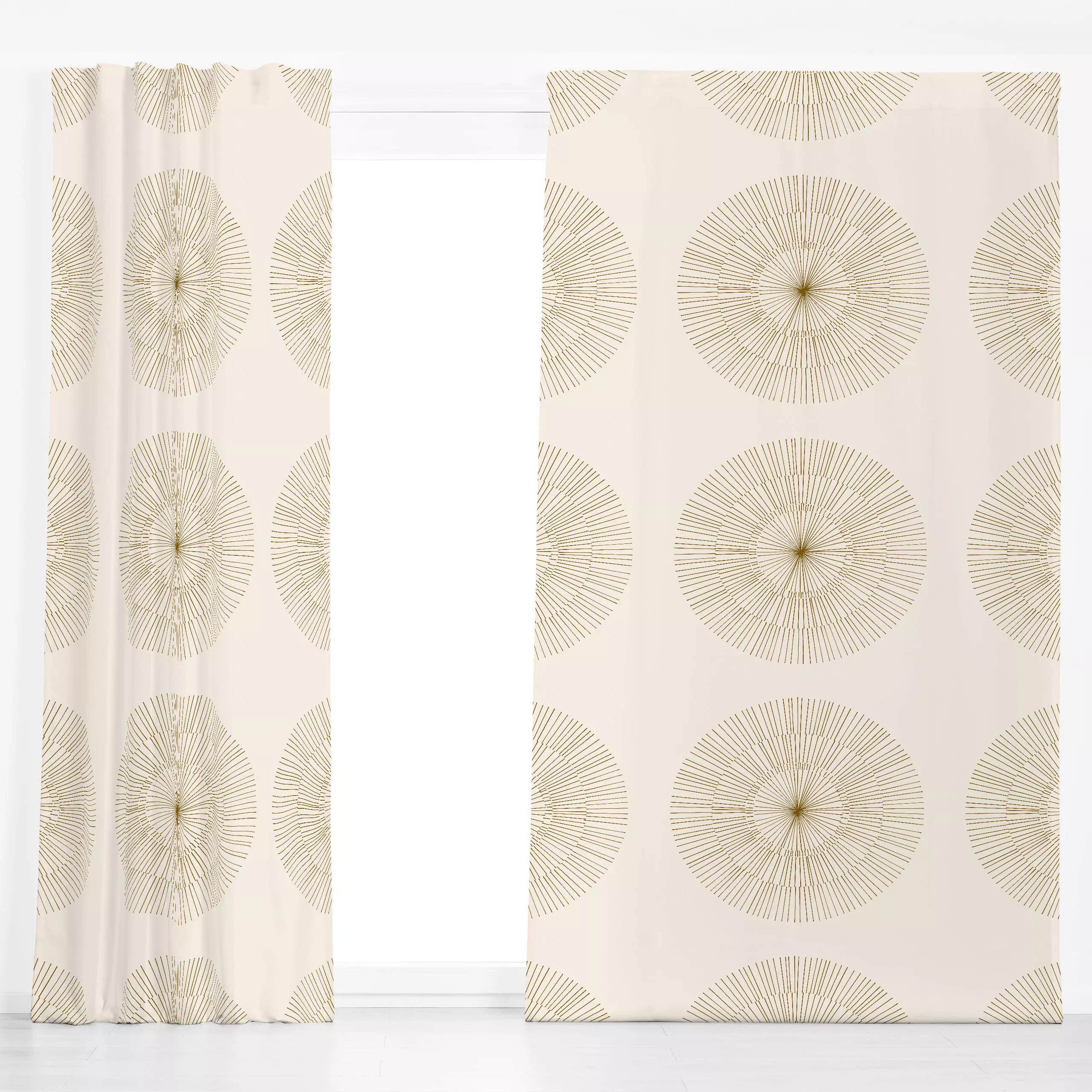 Dekovorhang Sol oliva - Sommer, Symbole & Muster - von „Julia Schumacher"; Linien, Punkte, Sonnenaufgang, Striche, Kreise, j...