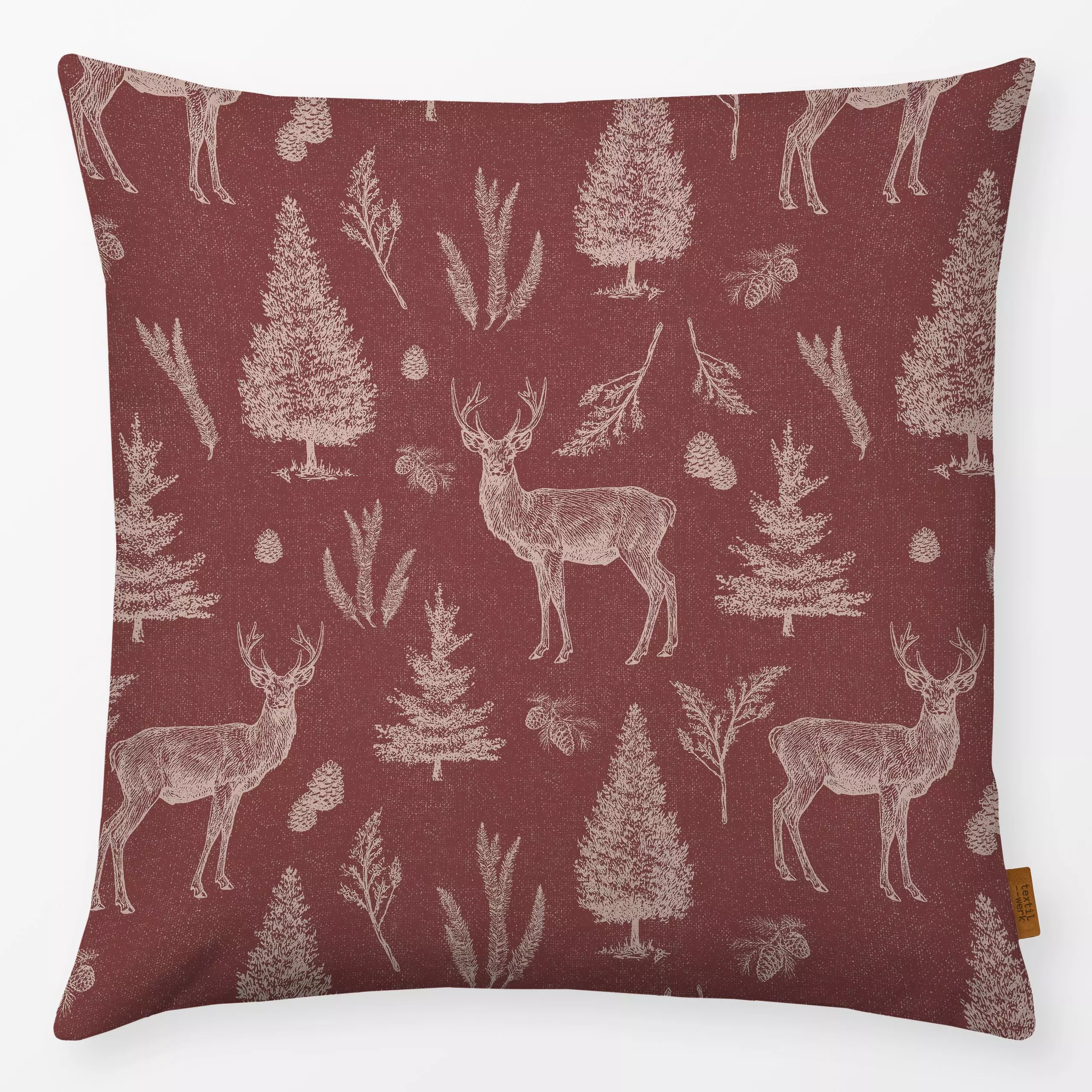 Kissen Winter deer and woodlands I - Tiere, Weihnachten, Pflanzen & Botanik - von „Bloomery Decor"; Hirsch, landhaus, Winter...