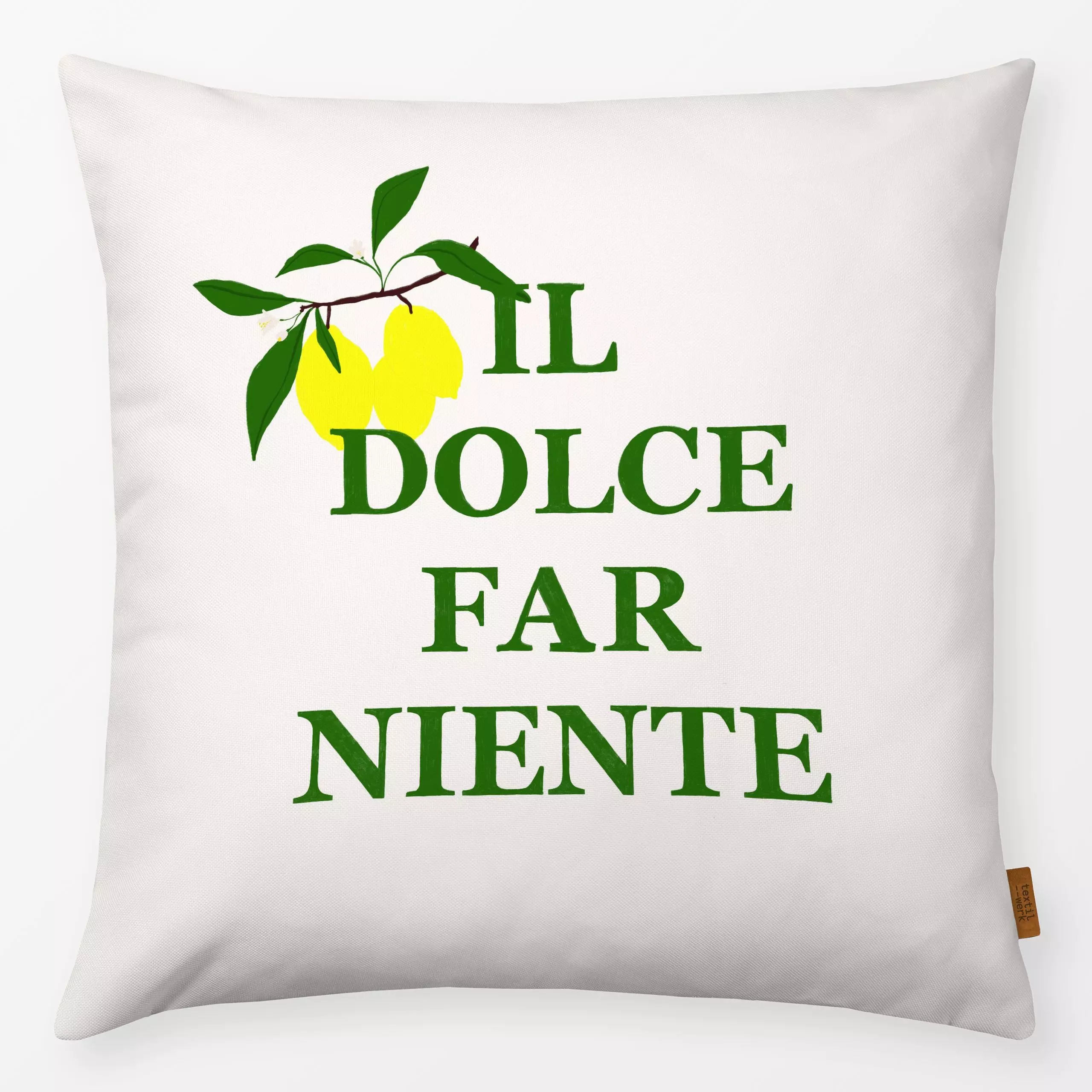 Kissen Il dolce far niente Grün - Sommer, Sprüche & Schriftzüge - von „Sophie Augustin Illustration"; Zitrone, modern, Somme...