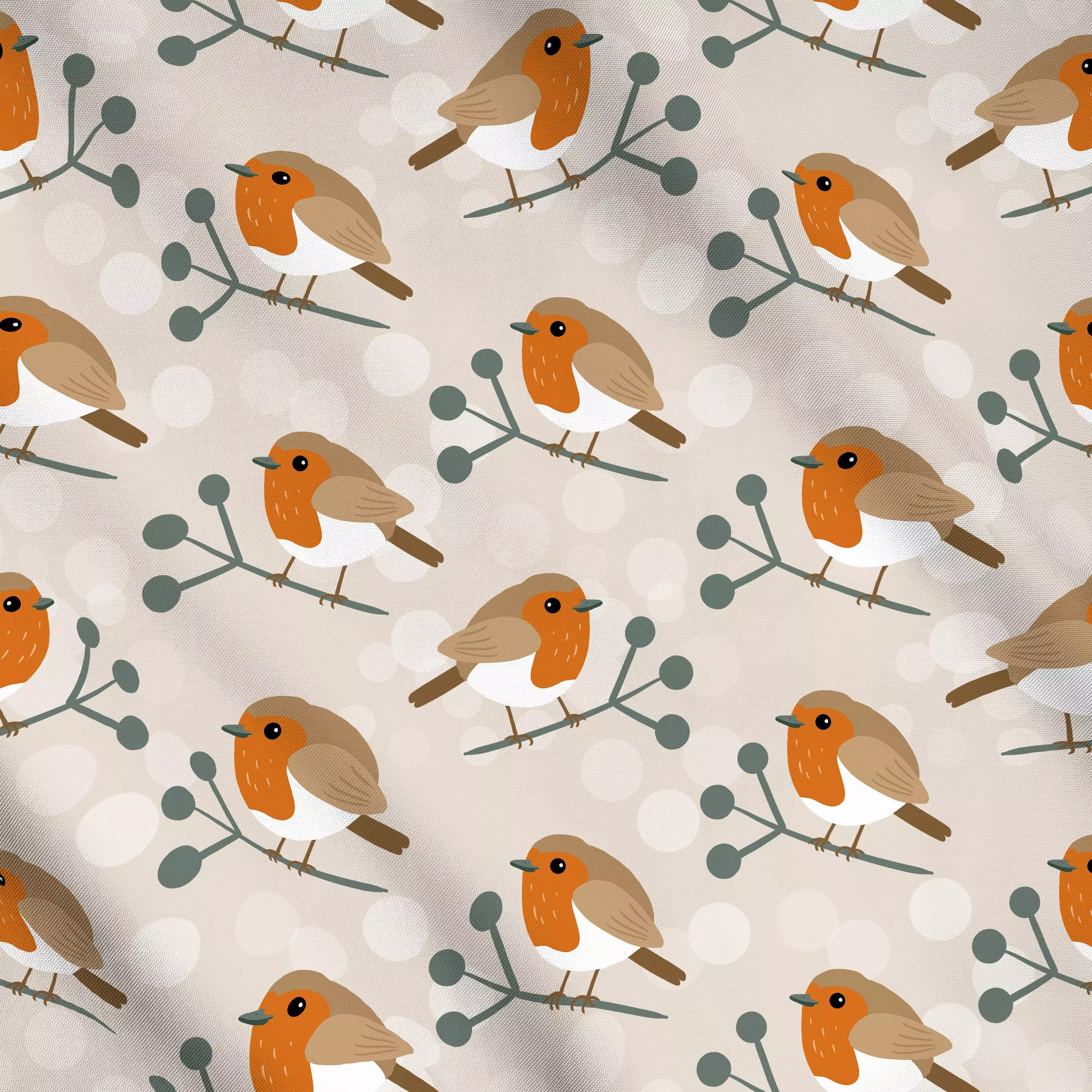 Meterware Rotkehlchen im Schnee - Tiere, Weihnachten - von „Julia Reyelt"; Muster, Zweig, Vogel, Rotkehlchen, modern, Winter...