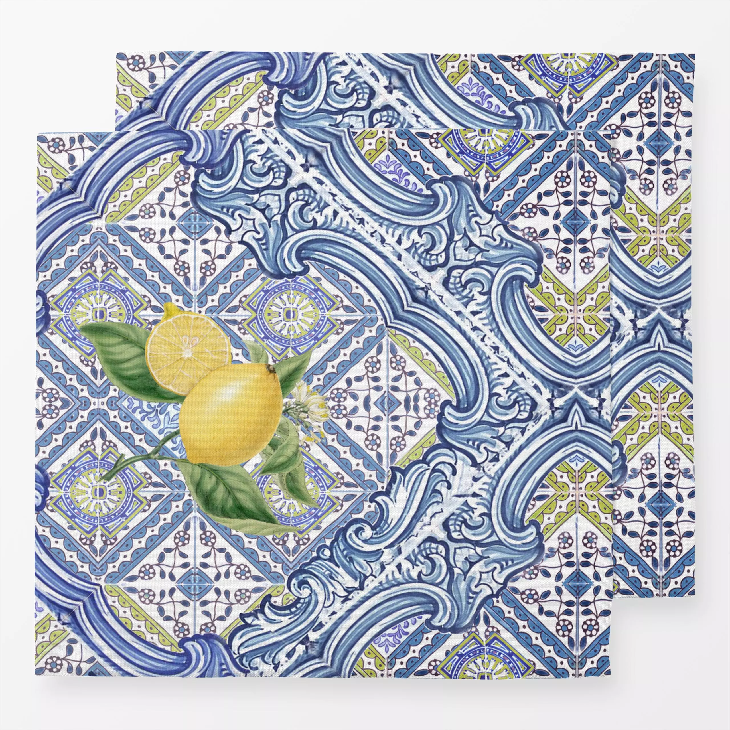 Servietten Spanisch Zitronen Fliesen - Sommer, Symbole & Muster - von „Bloomery Decor"; boho, Muster, blau, Zitronen, Zitrus...