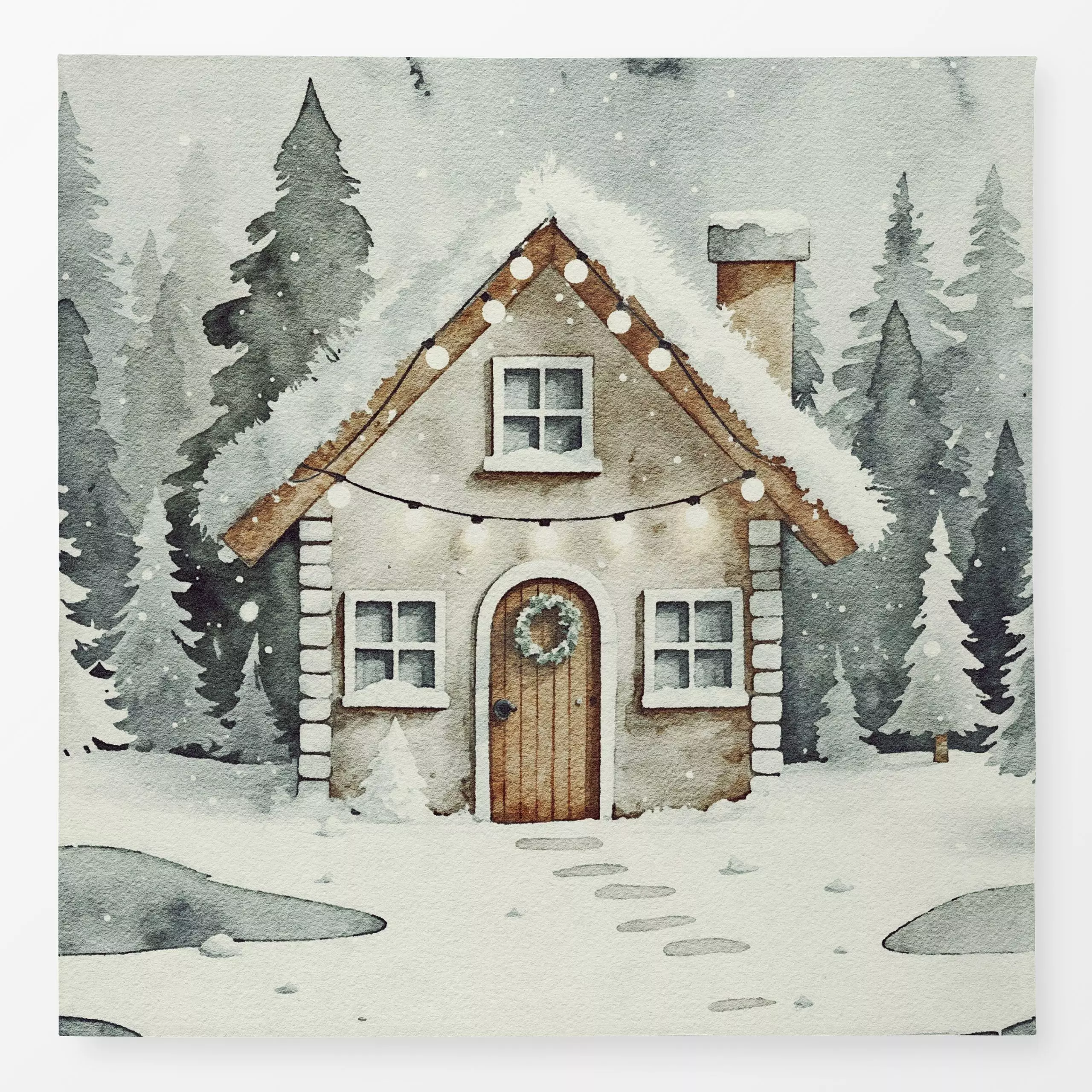 Tischdecke Cozy XMas Haus im Wald - Weihnachten, Winter - von „Monika Strigel"; Wasserfarben, Wald, Winter, kranz, weihnacht...