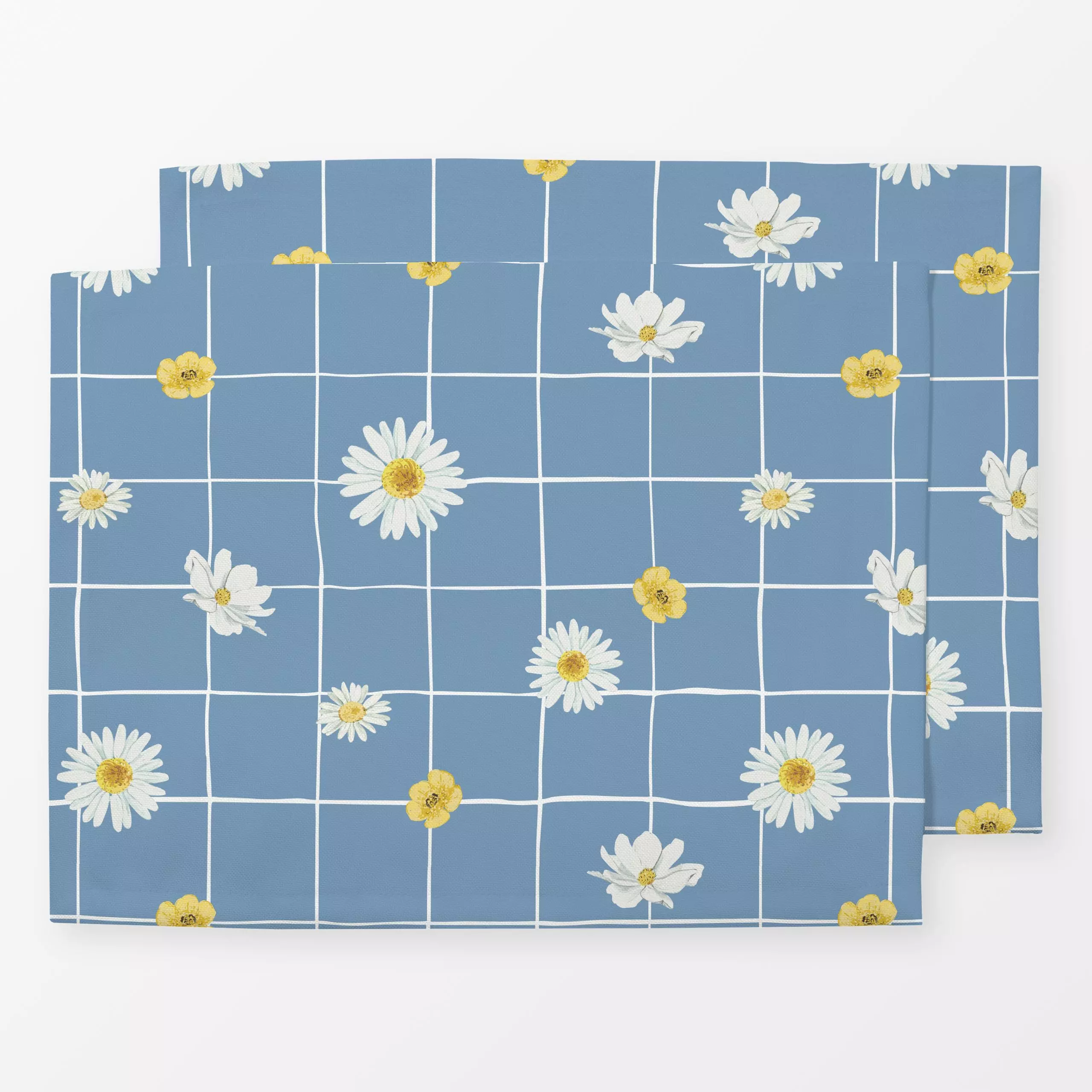 Tischset Wiesenblumen kariert blau - Blumen & Florales, Sommer, Symbole & Muster - von „Katrin Graff"; Blaugrau, skandinavis...