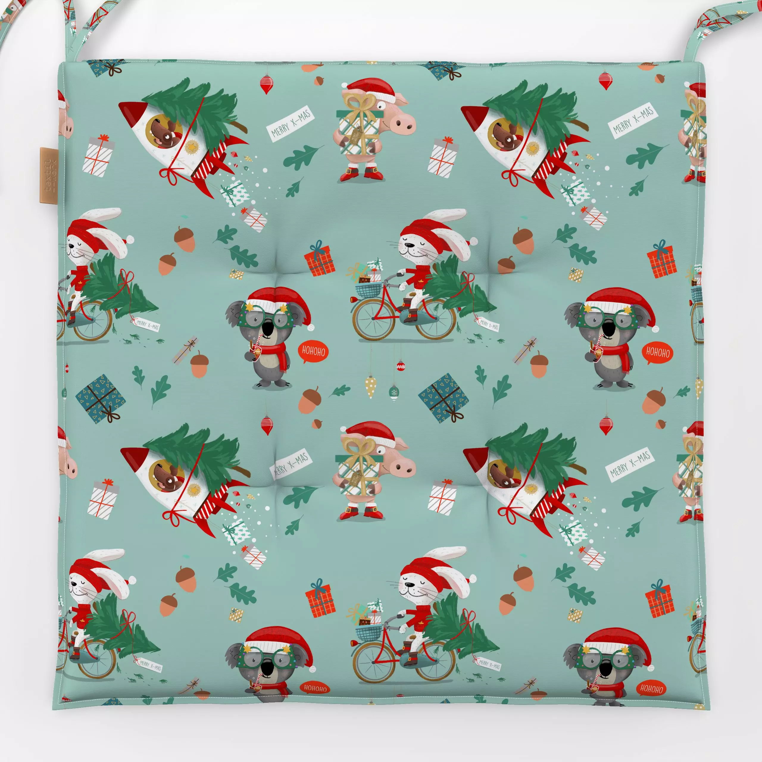 Sitzkissen Merry Xmas Friends -mint - Tiere, Weihnachten - von „Heyduda“; Muster, Kinder, Tanne, Tiere, Weihnachten, Kinderz...