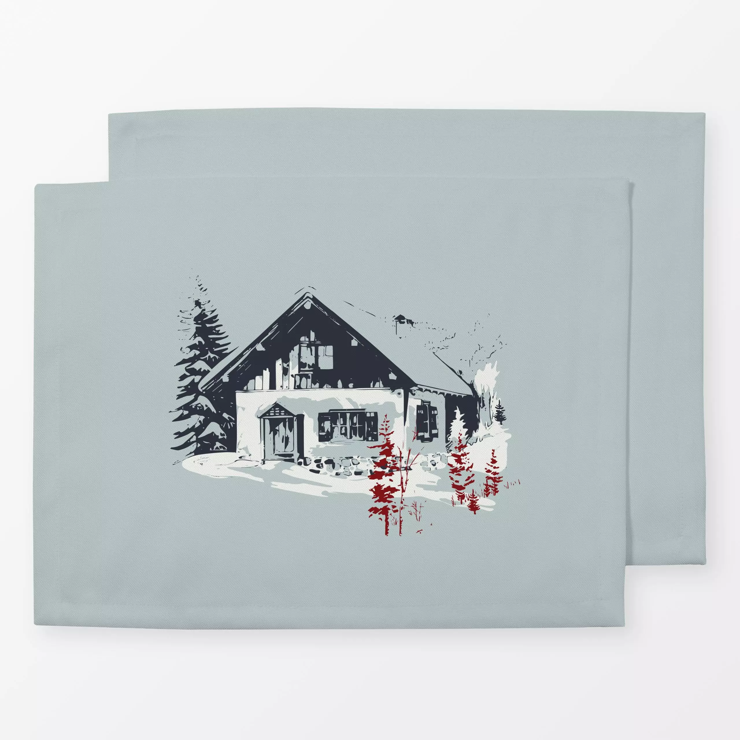 Tischset Berg Alm graublau - Natur & Landschaft - von „Katrin Graff"; Haus - & Bauernhoftiere, Tannenbaum, landhaus, Holzhau...