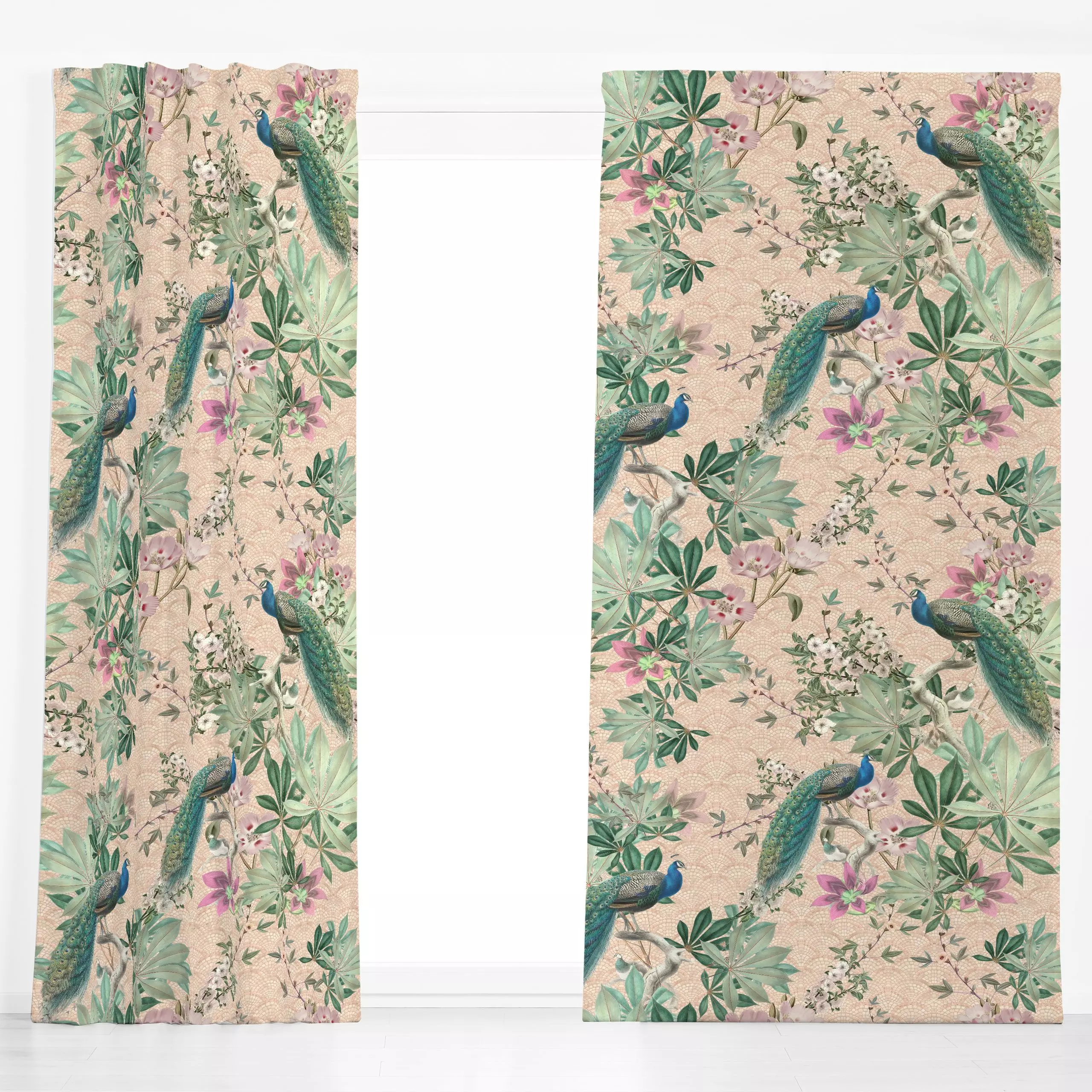 Dekovorhang Barock Pfauen Paradies Peach - Blumen & Florales, Tiere - von „Bloomery Decor"; Dschungle, Pfau, Jungle, Botanic...