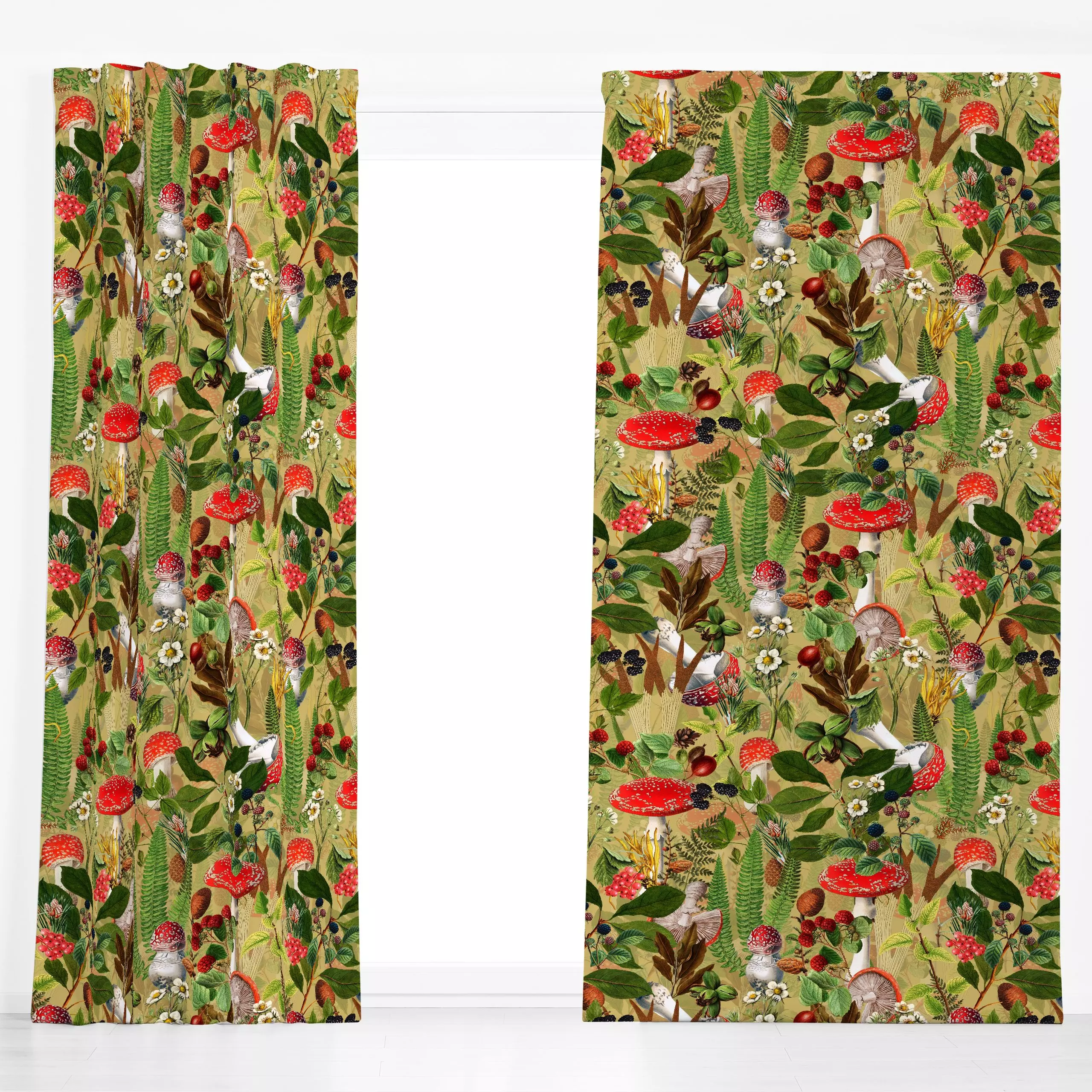 Dekovorhang Pilz Tanz 2 - Blumen & Florales, Retro & Vintage - von „Uta Naumann"; Muster, Natur, Garten, Wald, Herbst, klass...