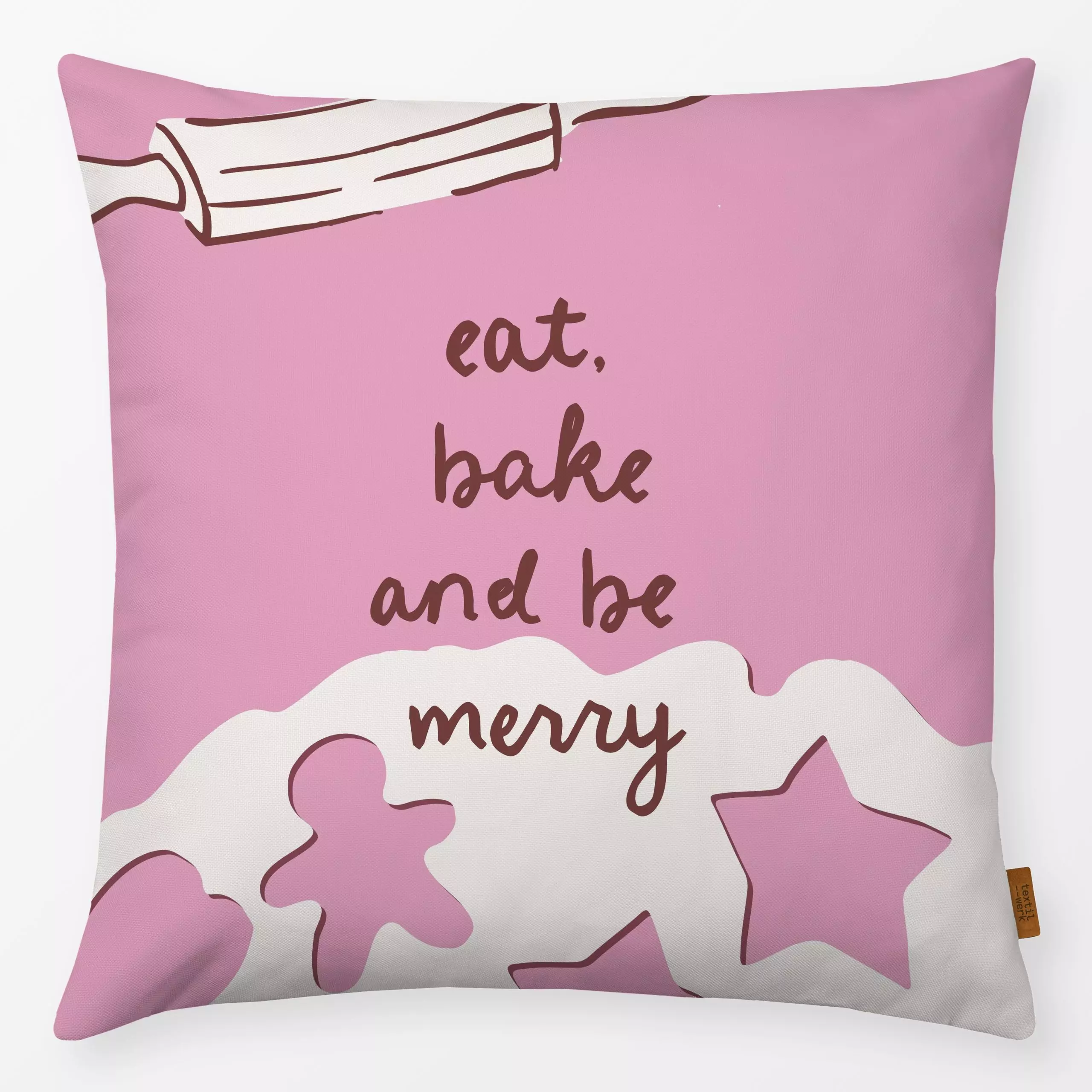 Kissen eat bake and be merry - Sprüche & Schriftzüge, Weihnachten, Anlässe - von „moDeern Design Studio"; Weihnachten, typog...