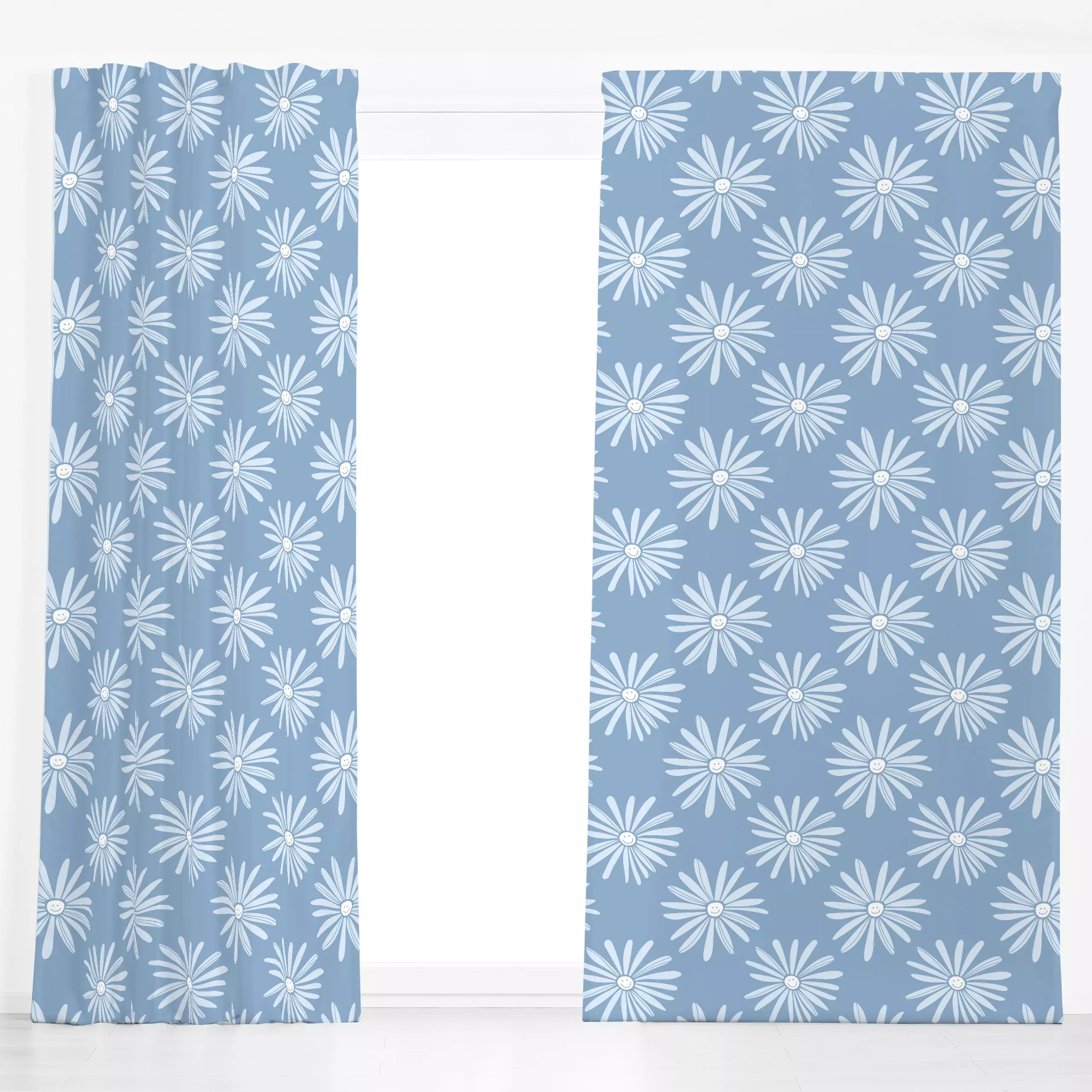 Dekovorhang FRÜHLING Blumen Smile 1 - Blumen & Florales, Frühling, Ostern - von „Primus Pattern"; Blüten, blau, Margeriten, ...