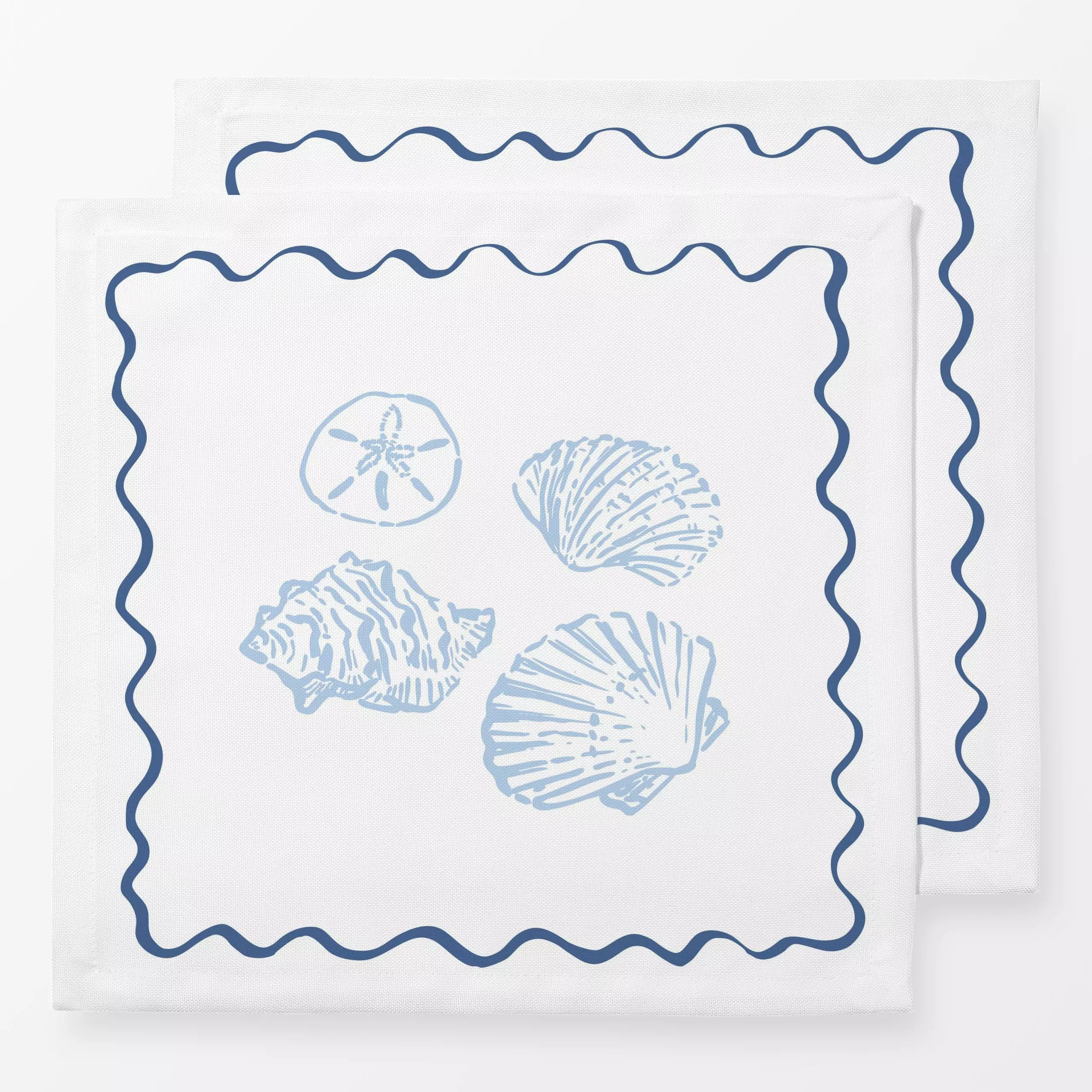 Servietten Wellenrand Muscheln blau - Frühling, Sommer, Tiere - von „Katrin Graff"; Linien, Strand, maritim, Welle, Muschel,...