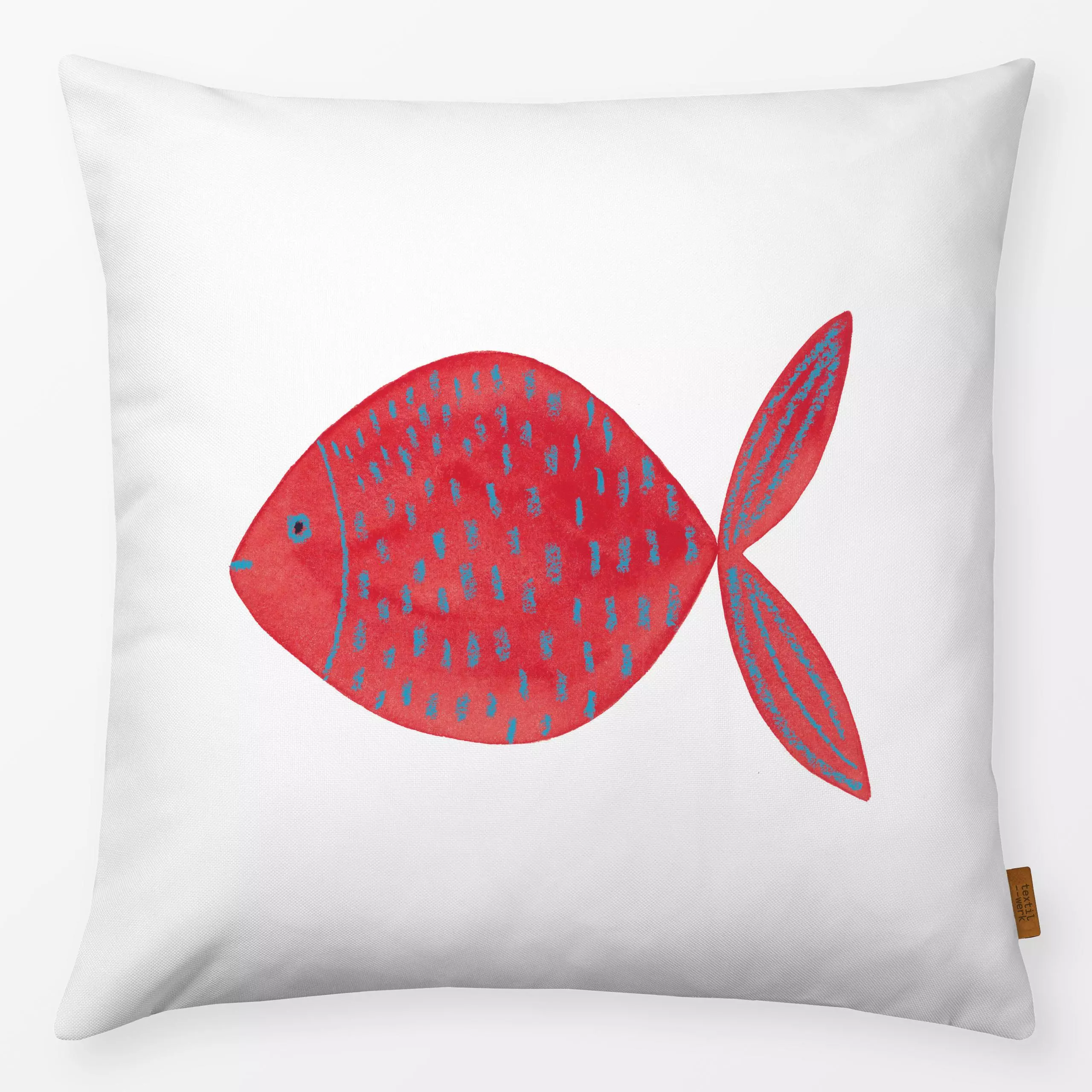 Kissen Roter Fisch 2 - Tiere - von „ask a duck"; Kinder, Zeichnung, Ozean, Meer, Fische, Kinderzimmer, rot