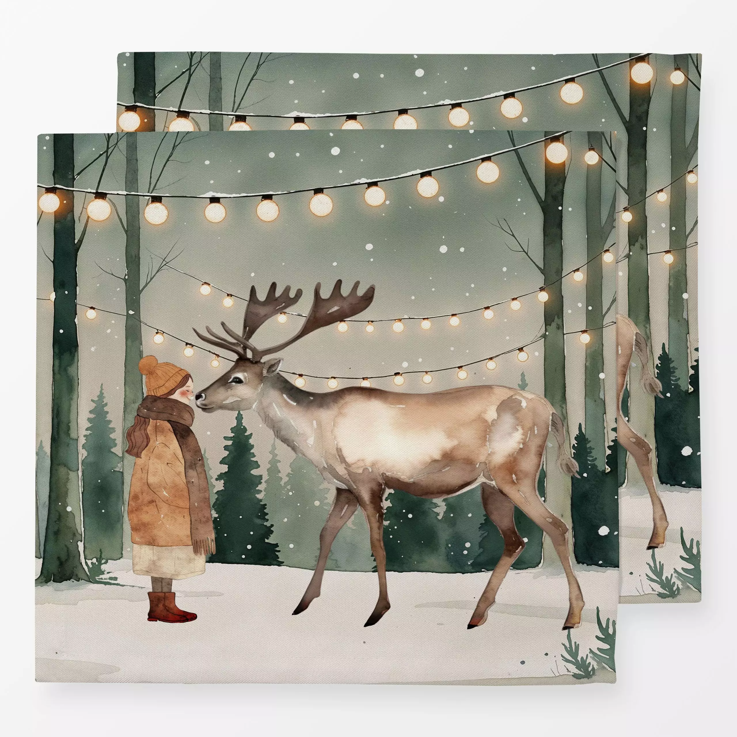 Servietten Cozy Xmas Hirsch Lichterkette - Tiere, Winter - von „Monika Strigel"; Wald, Family, Cozy, Schneeflocken, Tannenba...