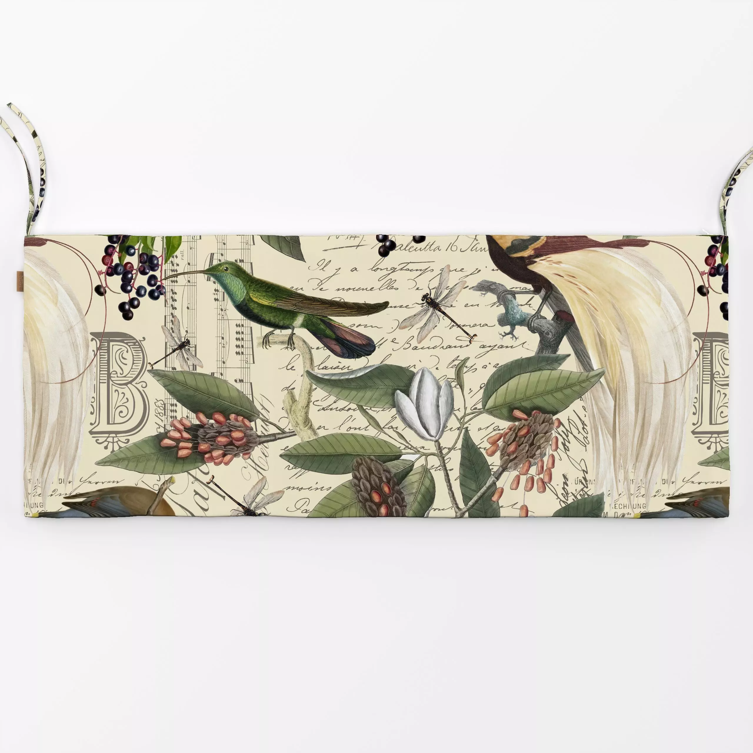 Bankauflage Vögel im Magnolien Garten - Natur & Landschaft, Sommer, Tiere - von „Andrea Haase"; Natur, Garten, Beeren, Vogel...