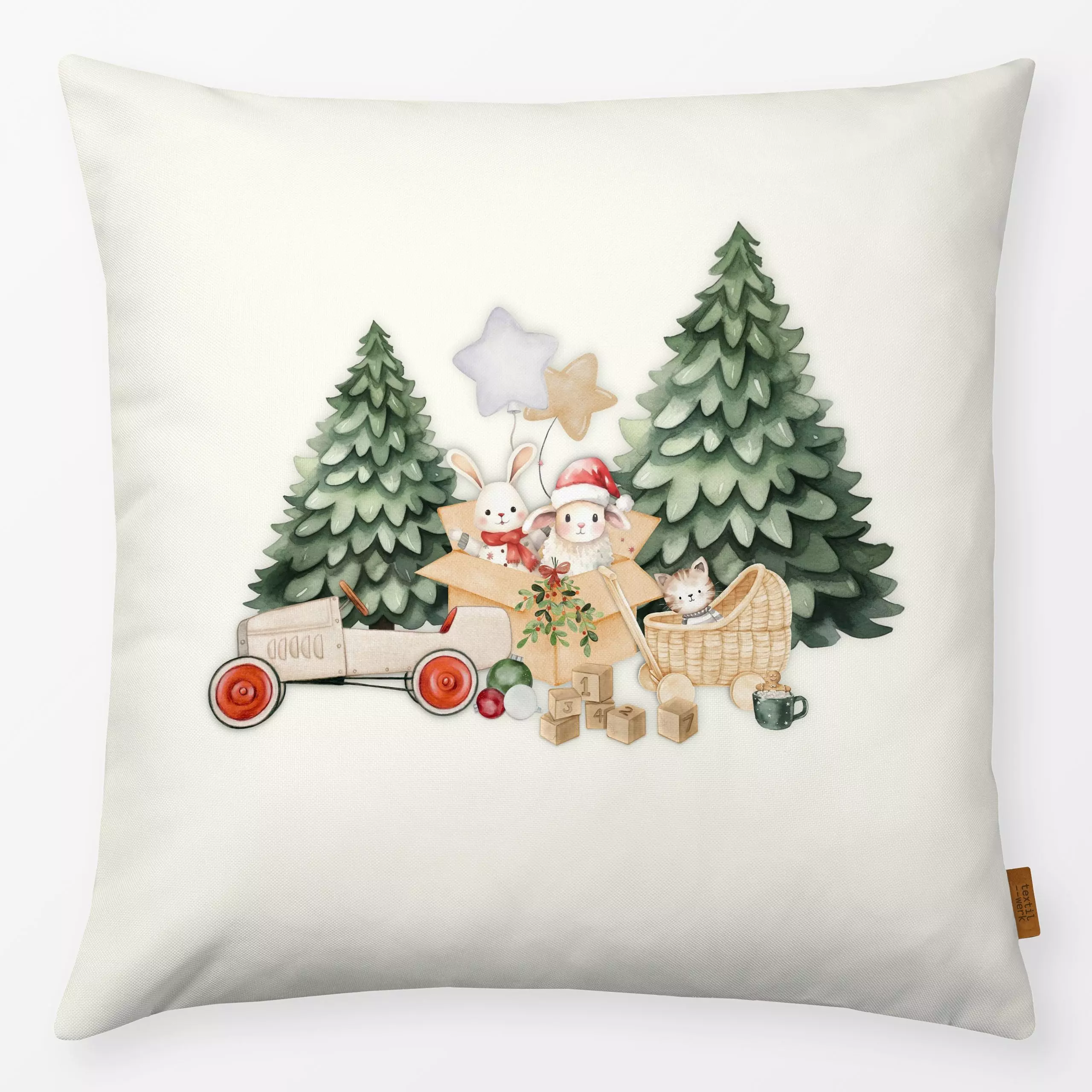 Kissen Holly Jolly X-Mas creme - Kinderzimmer & Motive für Kinder, Weihnachten, Retro & Vintage - von „Monika Strigel"; Hase...