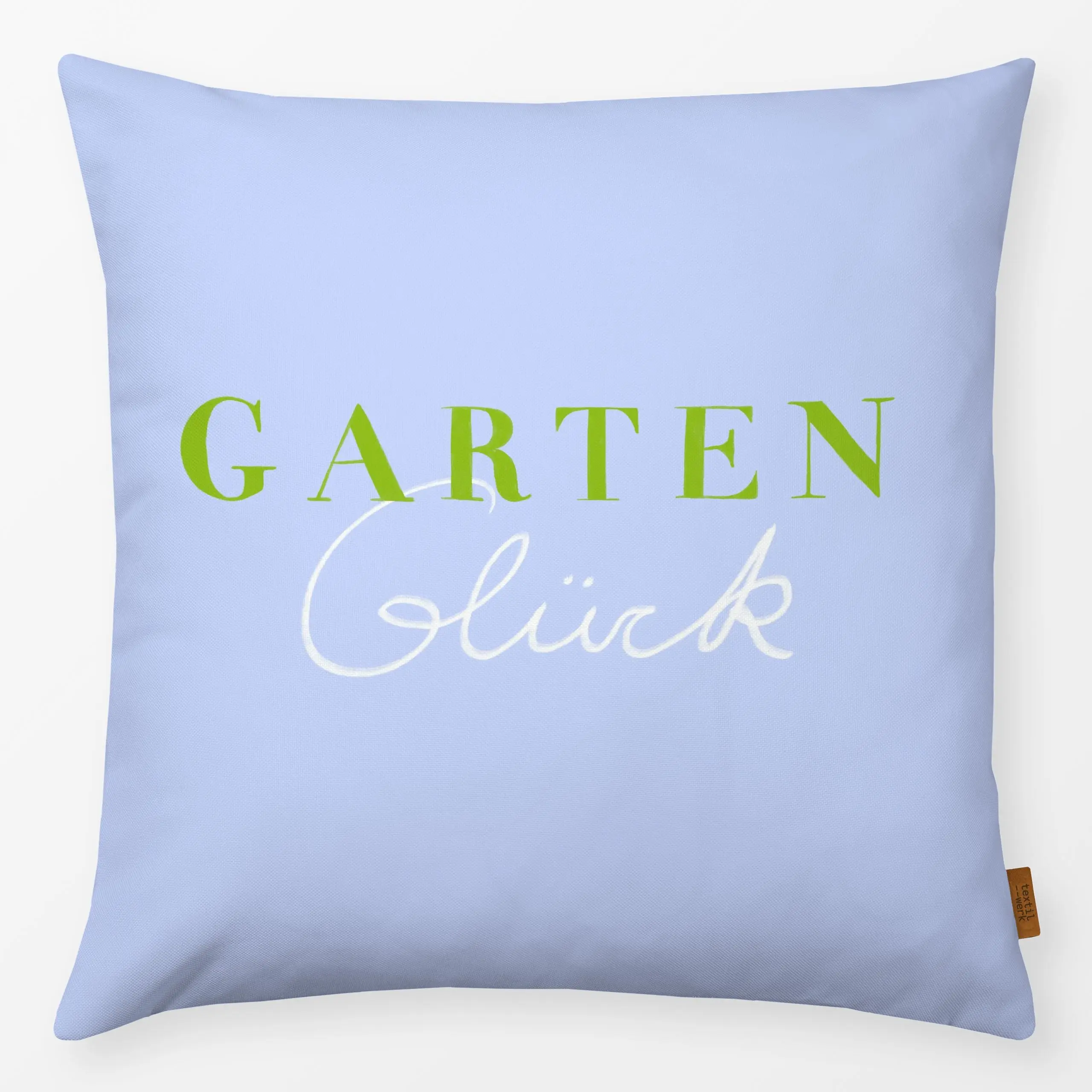 Kissen Gartenglück Hellblau - Frühling, Sprüche & Schriftzüge - von „Sophie Augustin Illustration"; Garten, typografie, Frue...