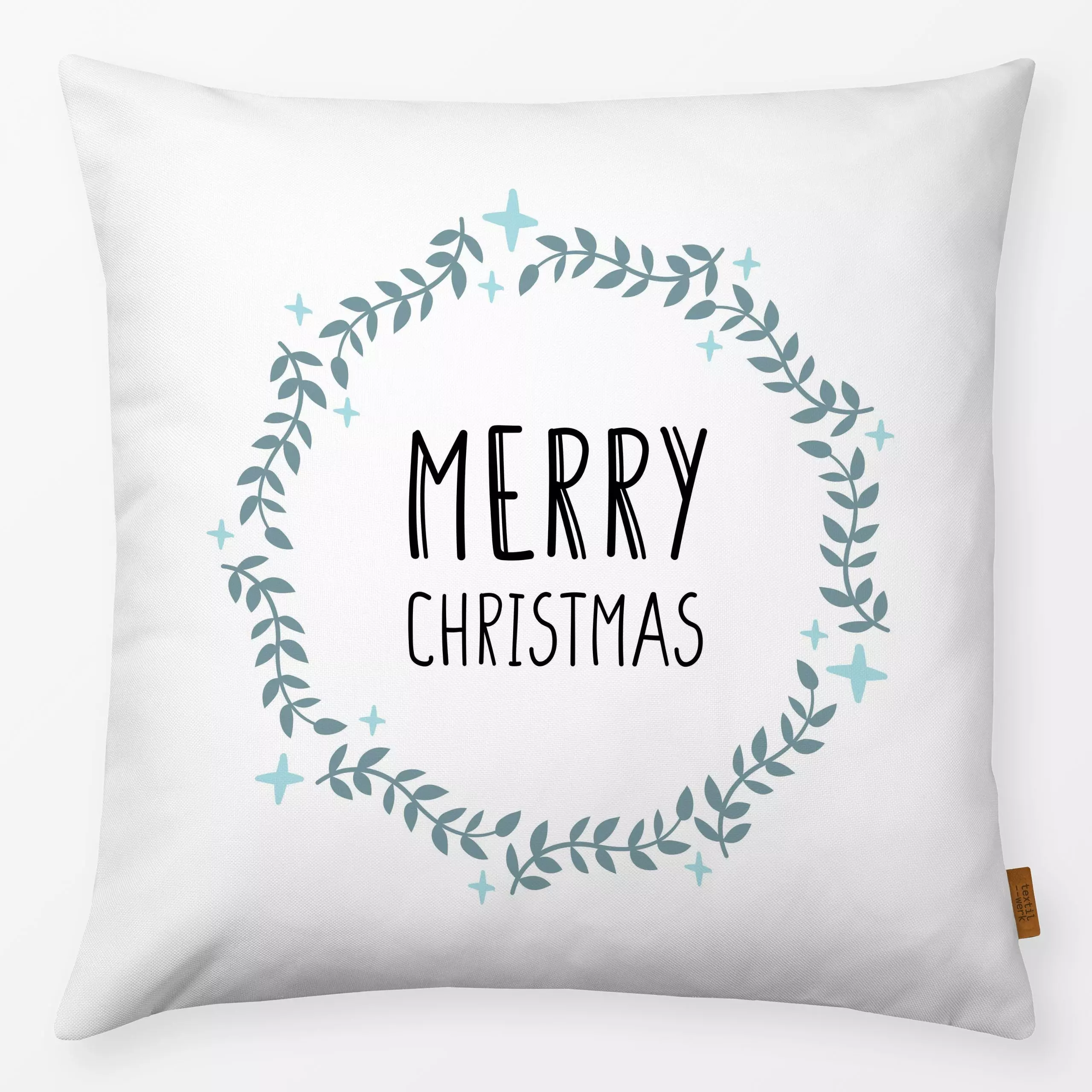 Kissen MERRY CHRISTMAS Kranz weiss - Sprüche & Schriftzüge, Weihnachten, Anlässe - von „Heyduda"; skandinavisch, Hygge, Merr...