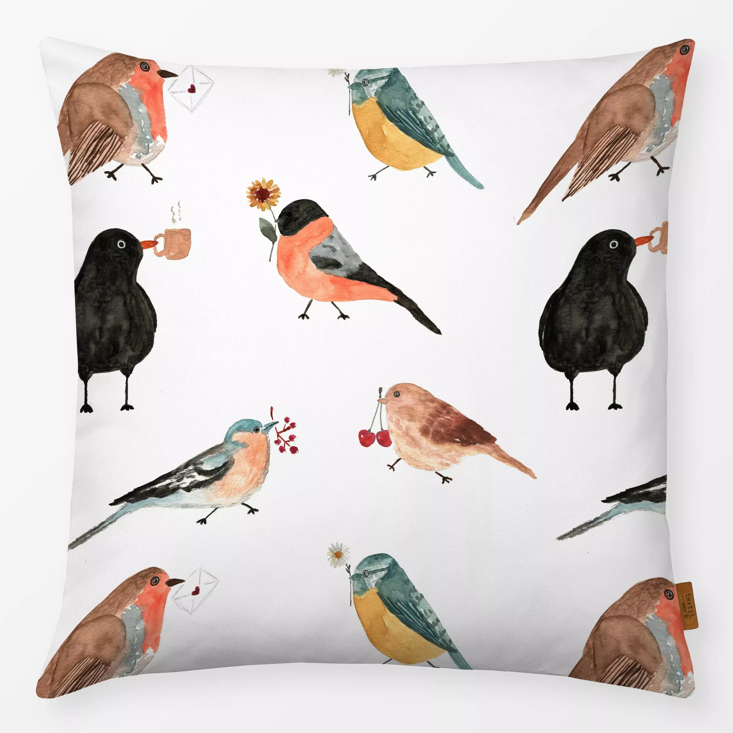Kissen Vögel - Frühling, Tiere - von „Lena Yokota"; Muster, Vogel, Tiere, pattern, animal, animals, lenayokota