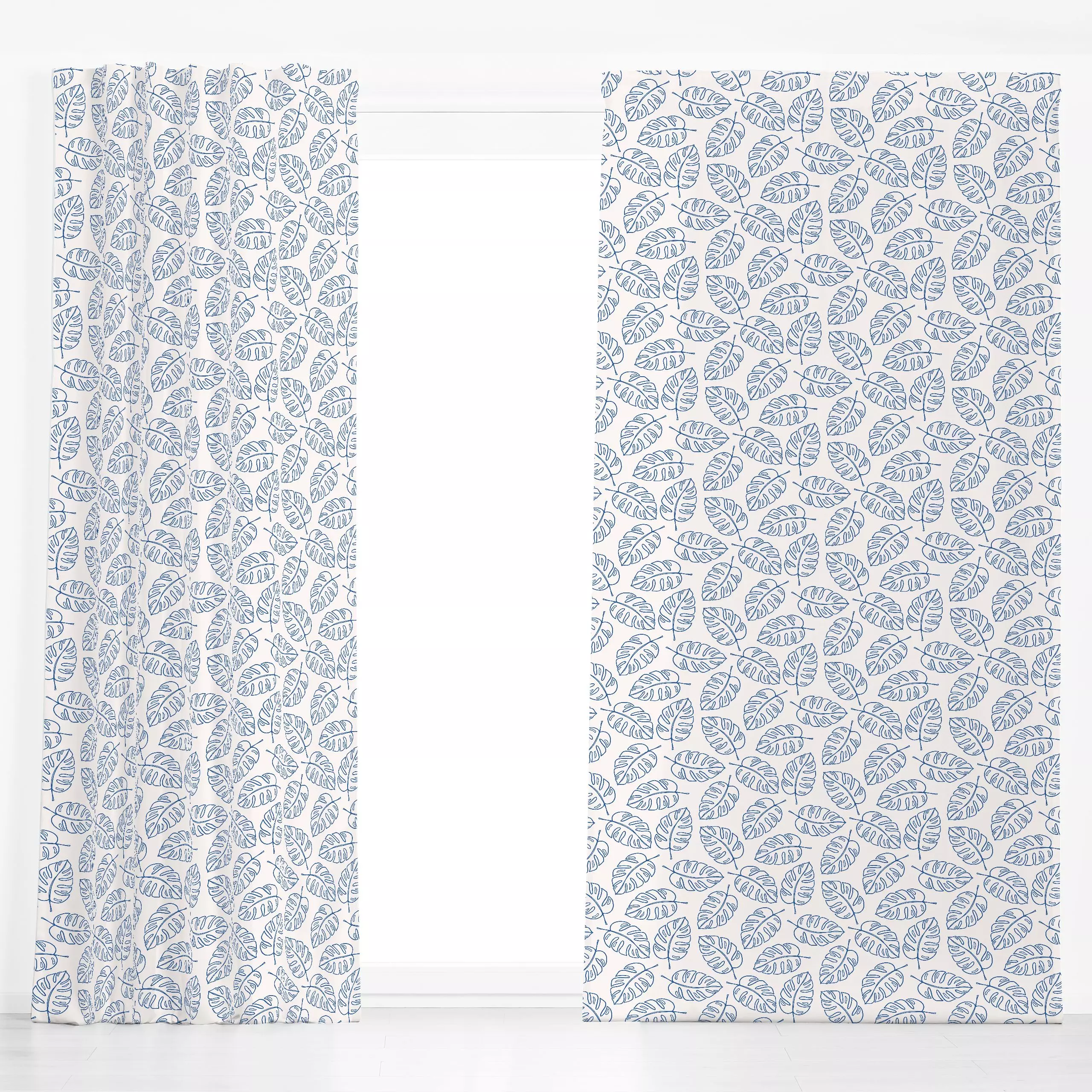 Dekovorhang Monstera Muster blau beige - Sommer, Symbole & Muster, Pflanzen & Botanik - von „Kathrin Woo"; Monstera, tropica...