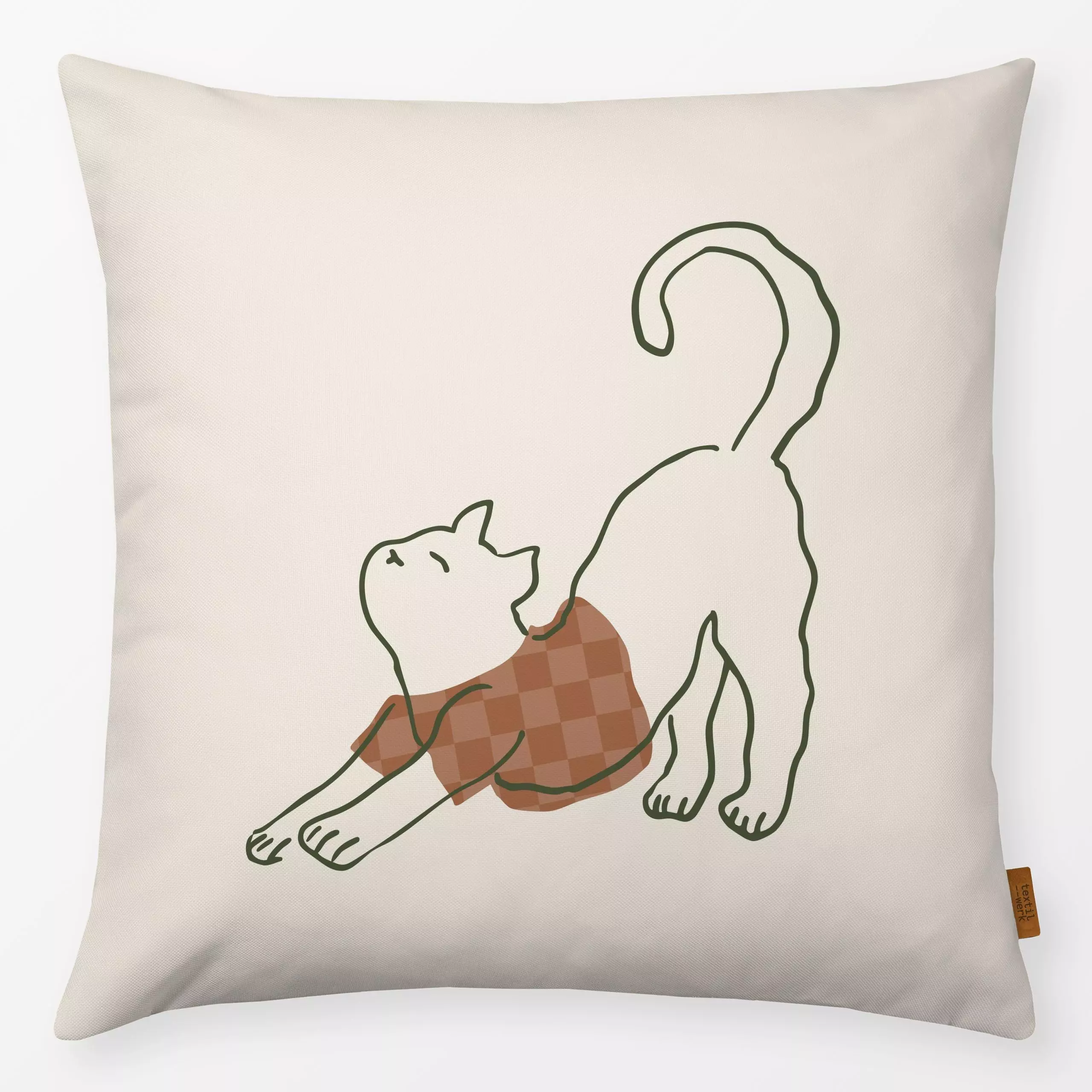 Kissen Morning Cat - Tiere - von „Karen Menzenbach"; Tiere, Yoga, beige, braun, Katze, Haustiere, morgen, catmom, pilates