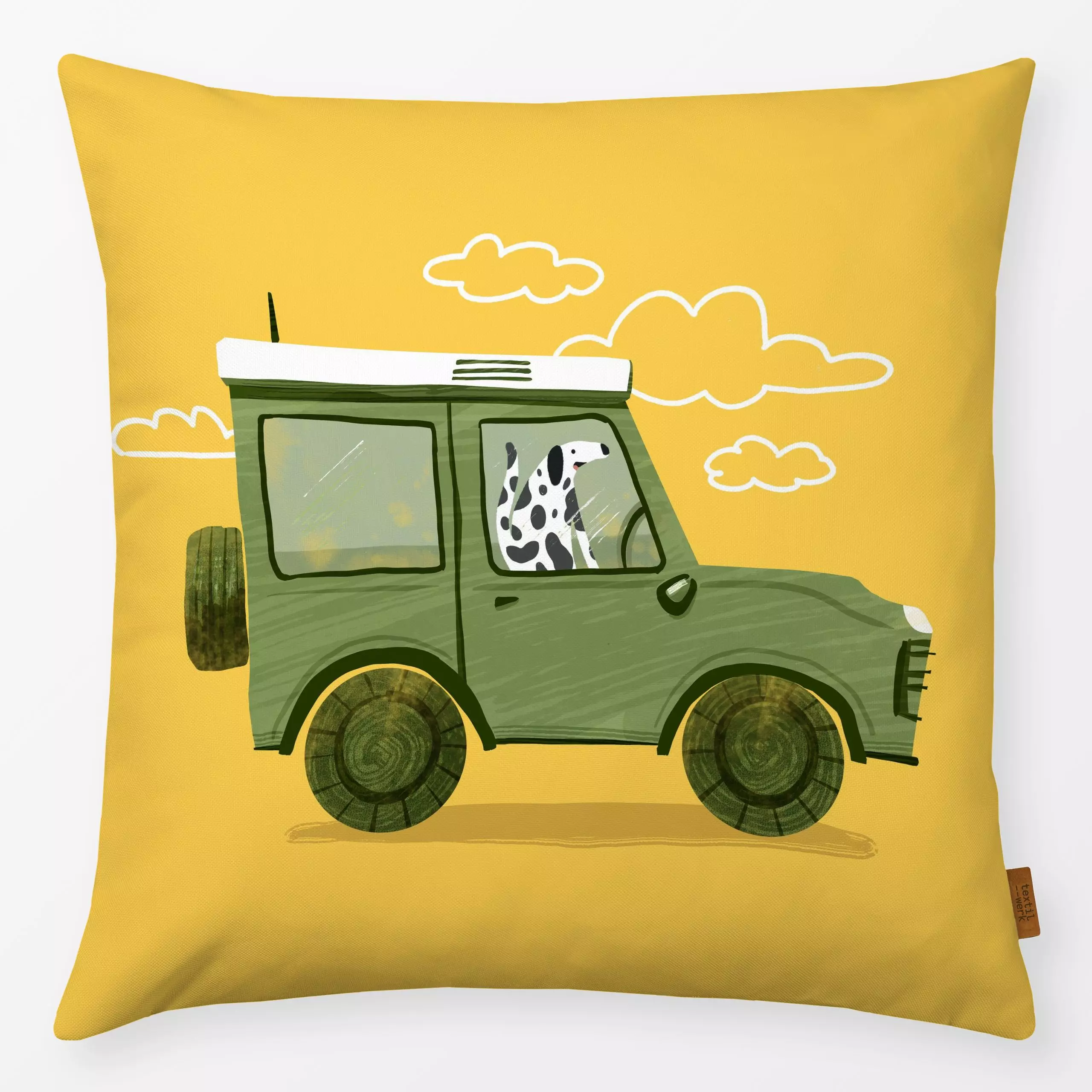 Kissen Hund im Auto gelb - Kinderzimmer & Motive für Kinder, Tiere, Reise - von „Janna Schipper"; Hund, Kinderzimmer, Auto, ...