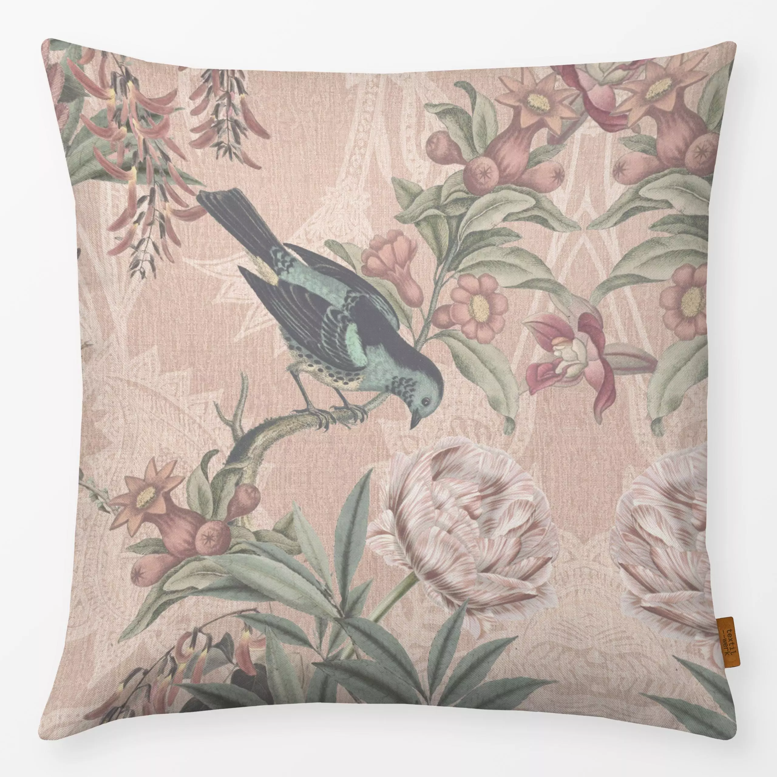 Kissen Vintage Vögel und tulpen rosa - Tiere, Pflanzen & Botanik, Retro & Vintage - von „Bloomery Decor"; altrosa, Blumen, P...