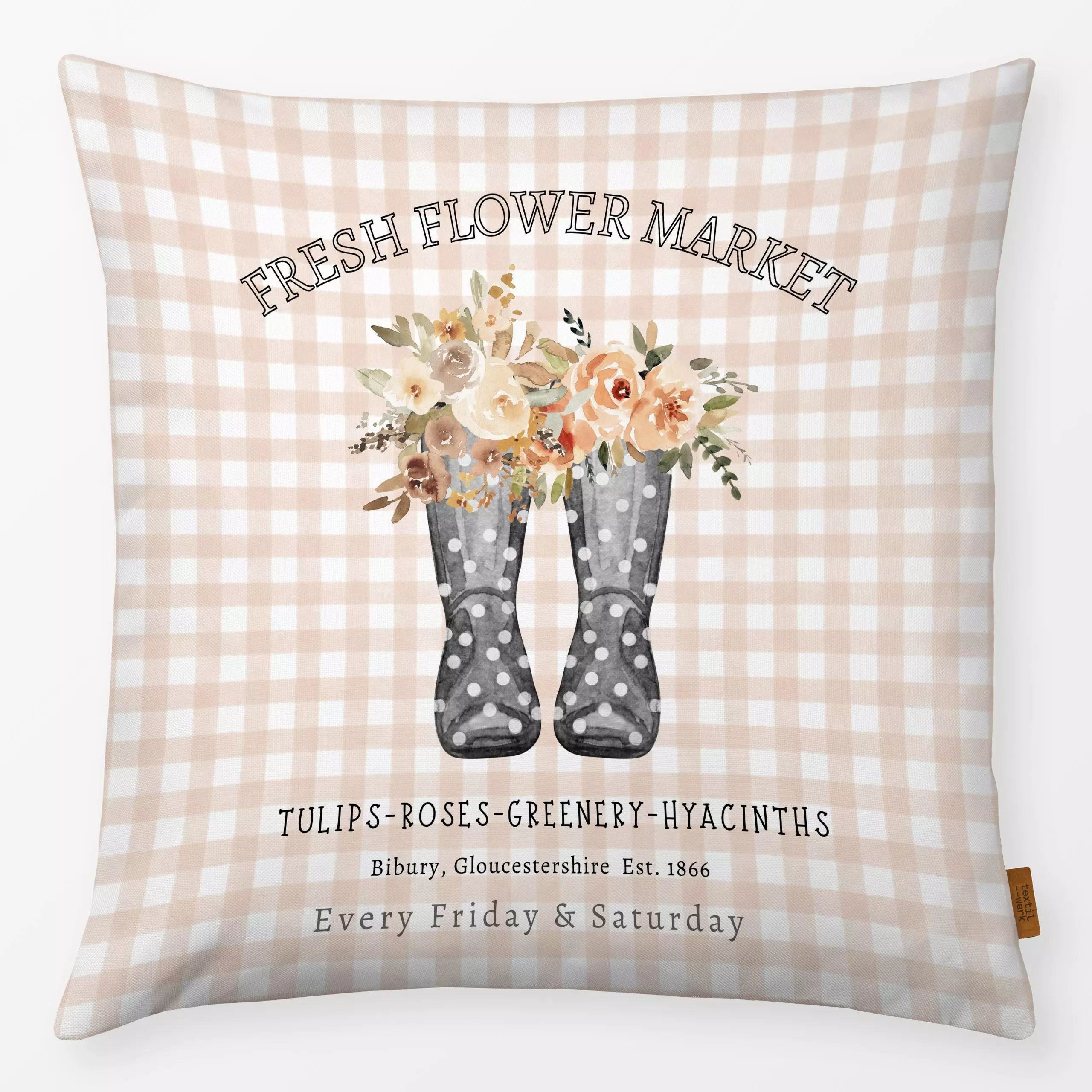 Kissen Vichy Gummistiefel Dots Blumen - Blumen & Florales, Sprüche & Schriftzüge, Retro & Vintage - von „Monika Strigel"; Bl...