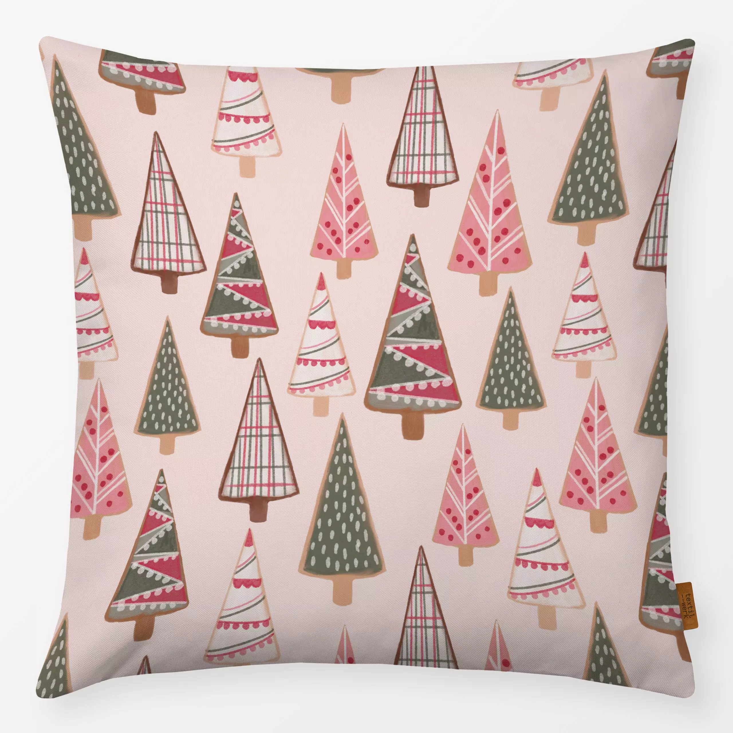 Kissen Weihnachtsbaum Plätzchen rosa - Weihnachten, Symbole & Muster - von „Mareen Heinz"; Muster, Gouache, Illustration, Ki...