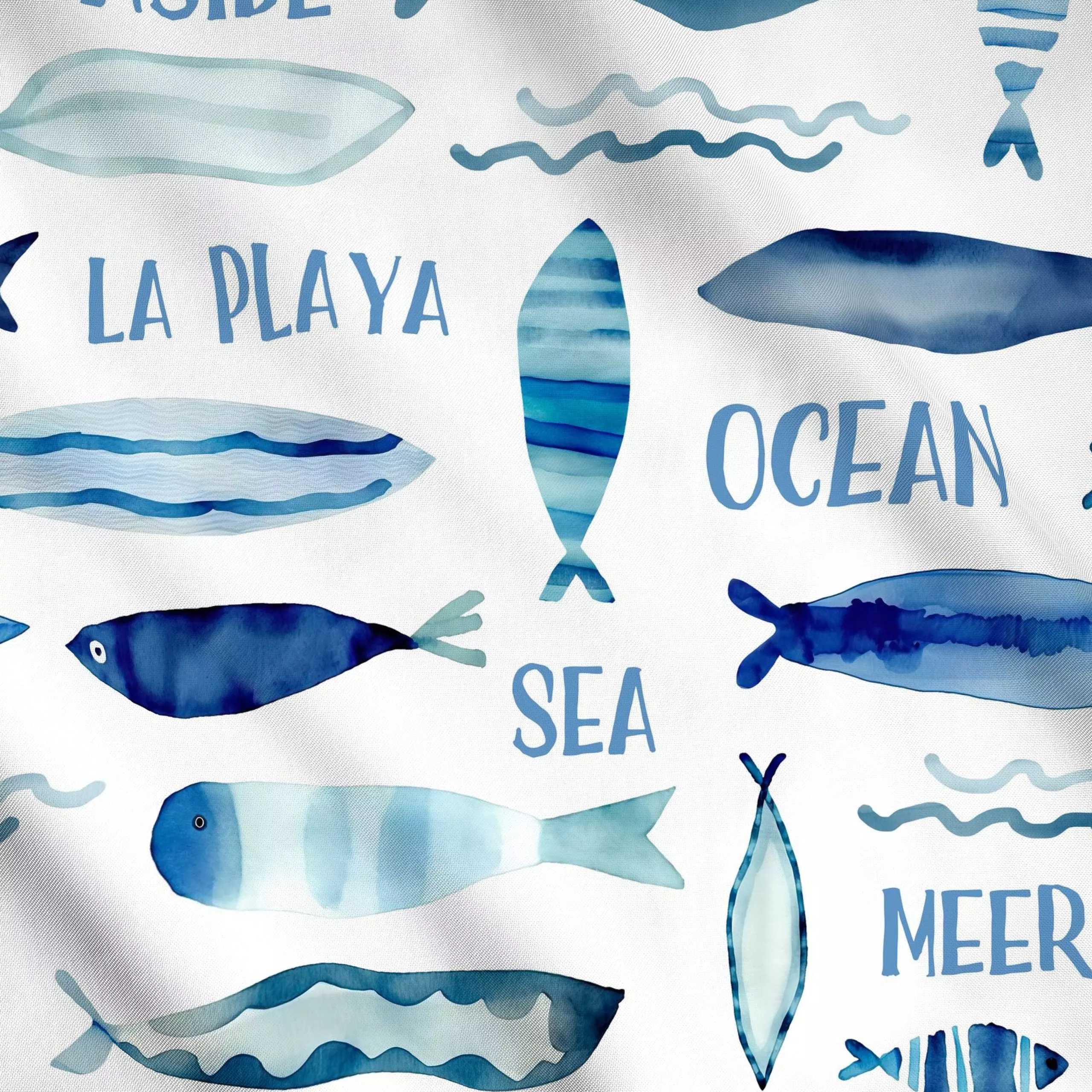 Meterware Down By The Sea blue, Spruch, Tiere, Sommer, von Andrea Haase