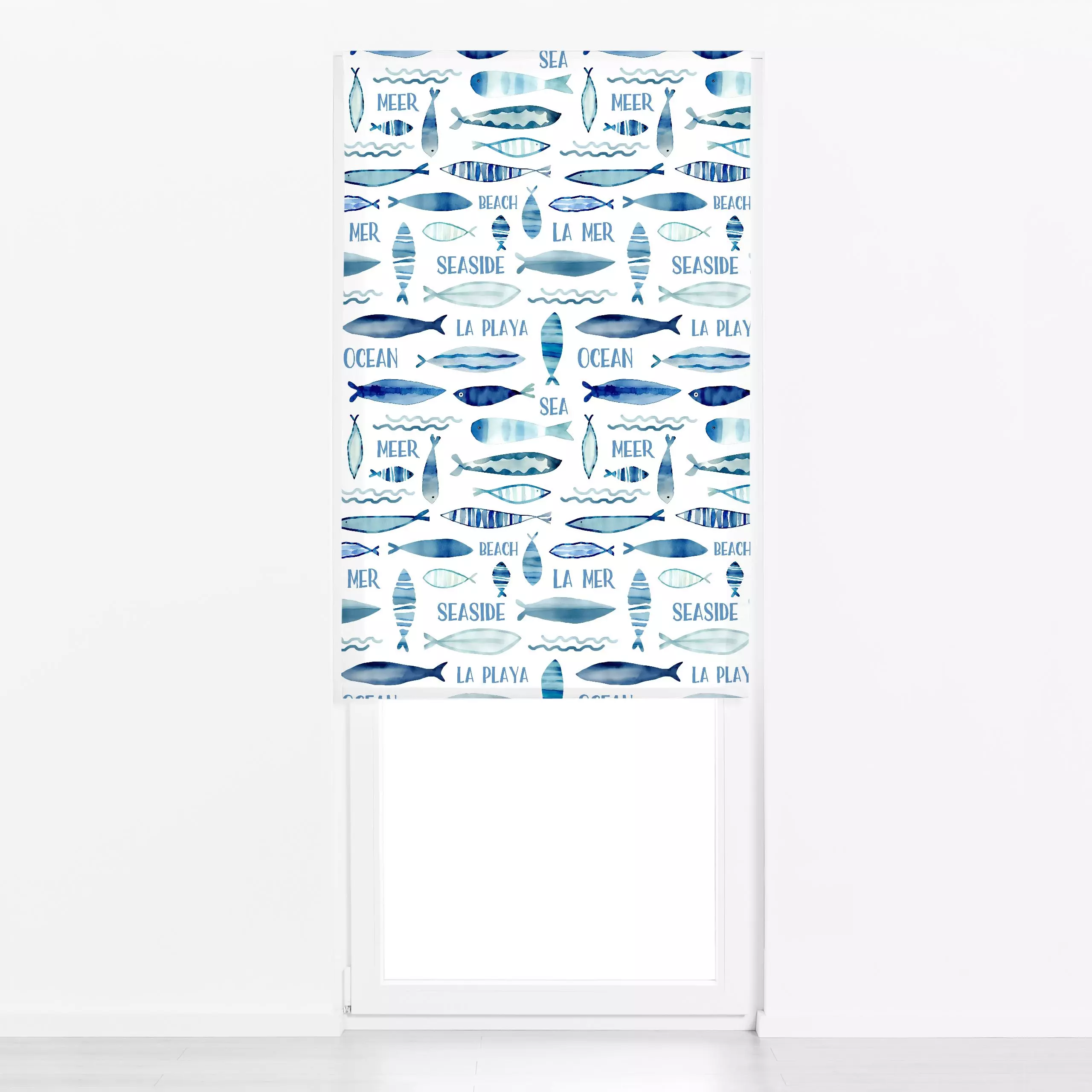 Raffrollo Down By The Sea blue - Sommer, Tiere, Sprüche & Schriftzüge - von „Andrea Haase"; Meer, Strand, Fische, Urlaub, bl...