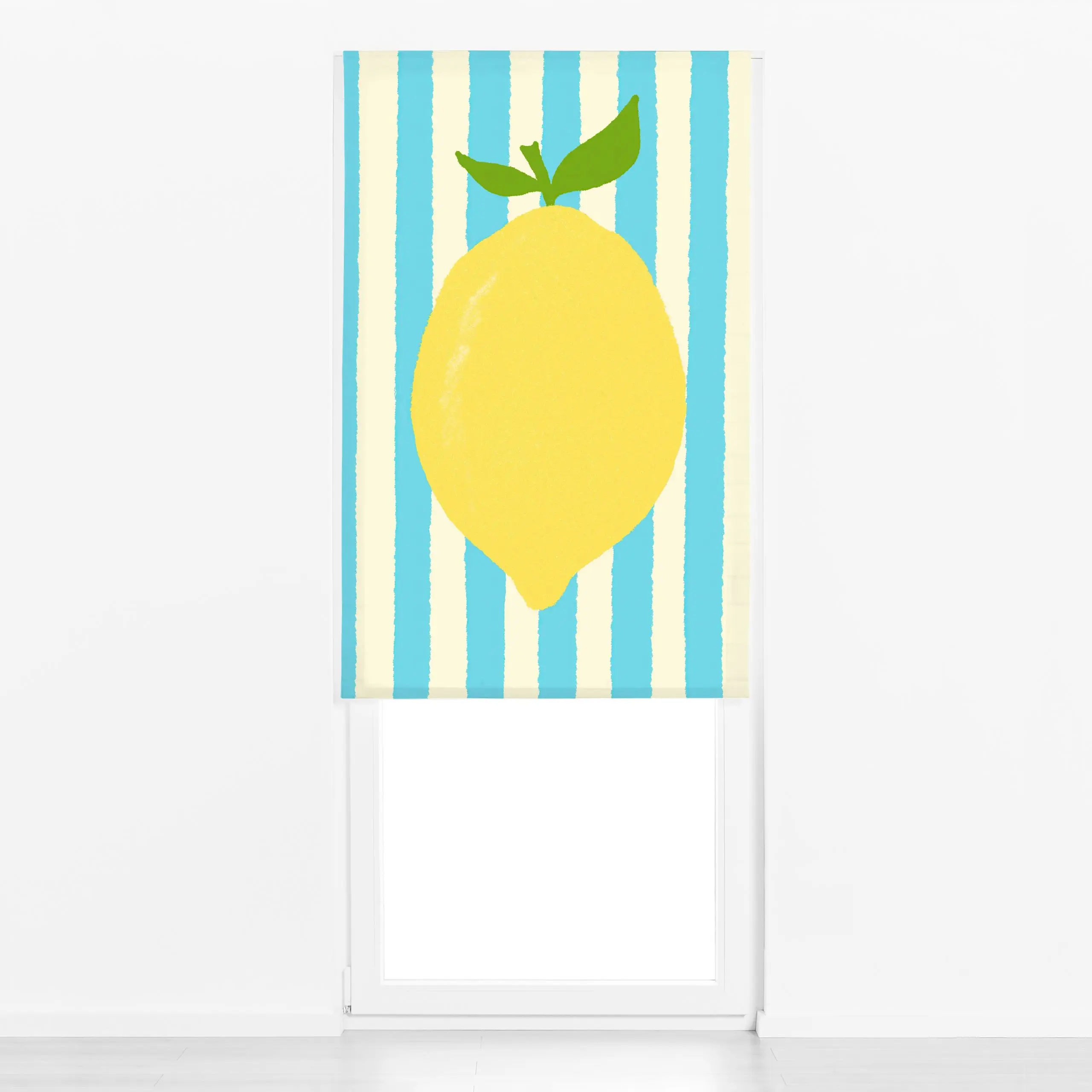 Raffrollo Zitrone hellblaue Streifen - Sommer, Symbole & Muster, Früchte - von „Studio Dolci"; Frucht, Streifen, Zitrone, So...