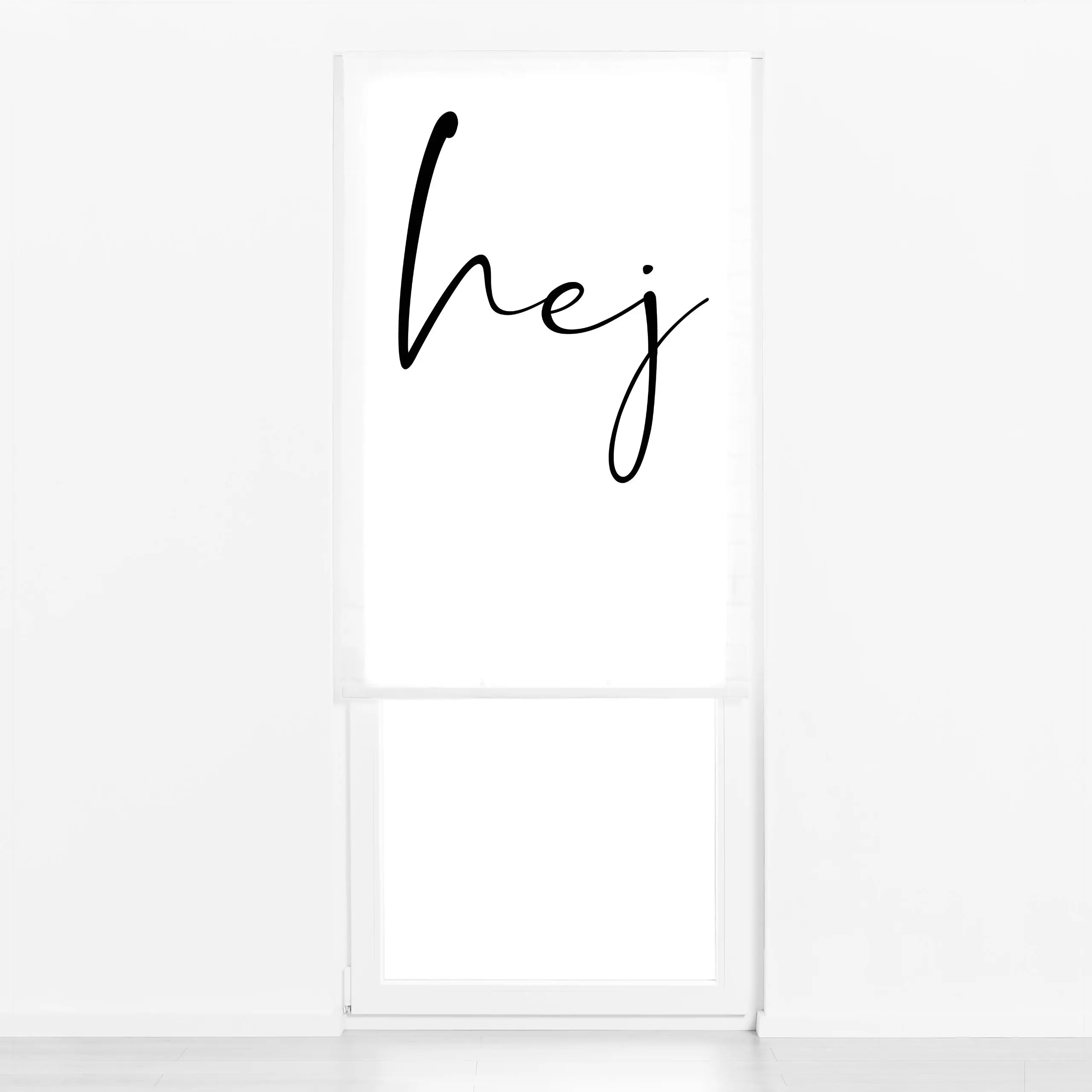 Raffrollo hej Schwarzweiss - Sprüche & Schriftzüge, Winter, Anlässe - von „Monika Strigel"; boho, minimal, skandinavisch, Sc...